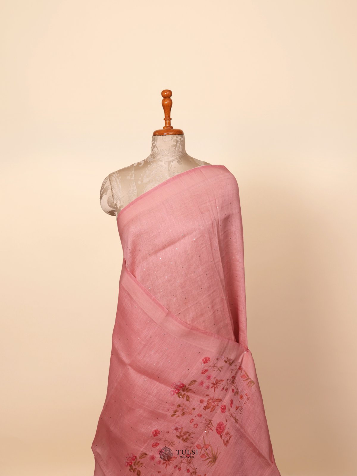 Pink Printed Linen Saree