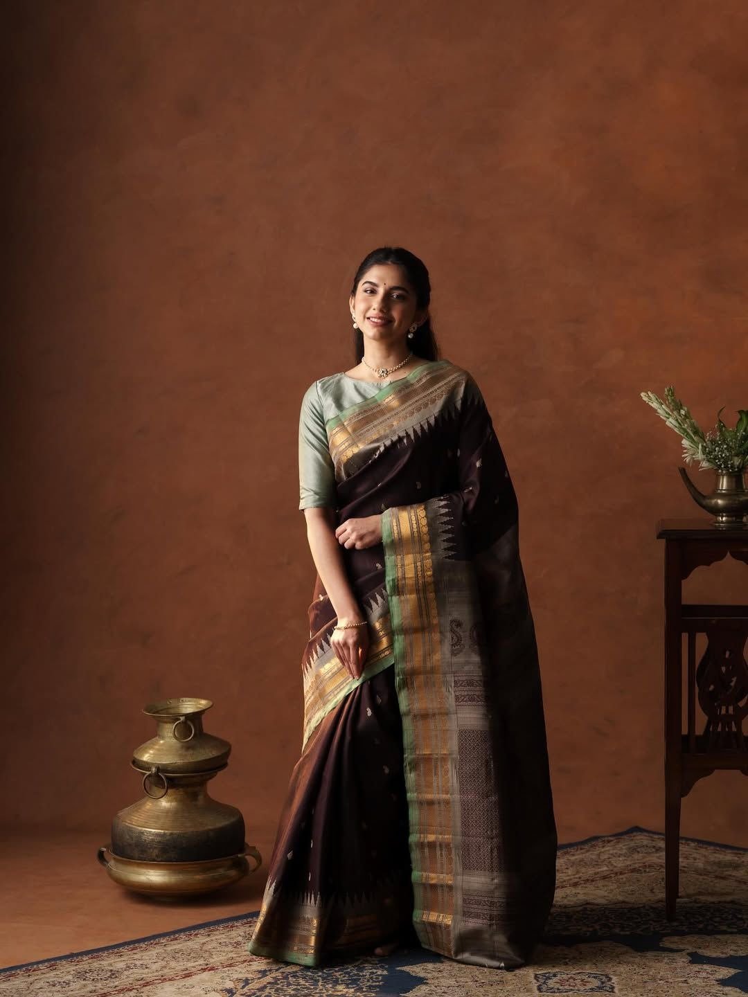 Brown Gadwal Silk Saree With Grey Border