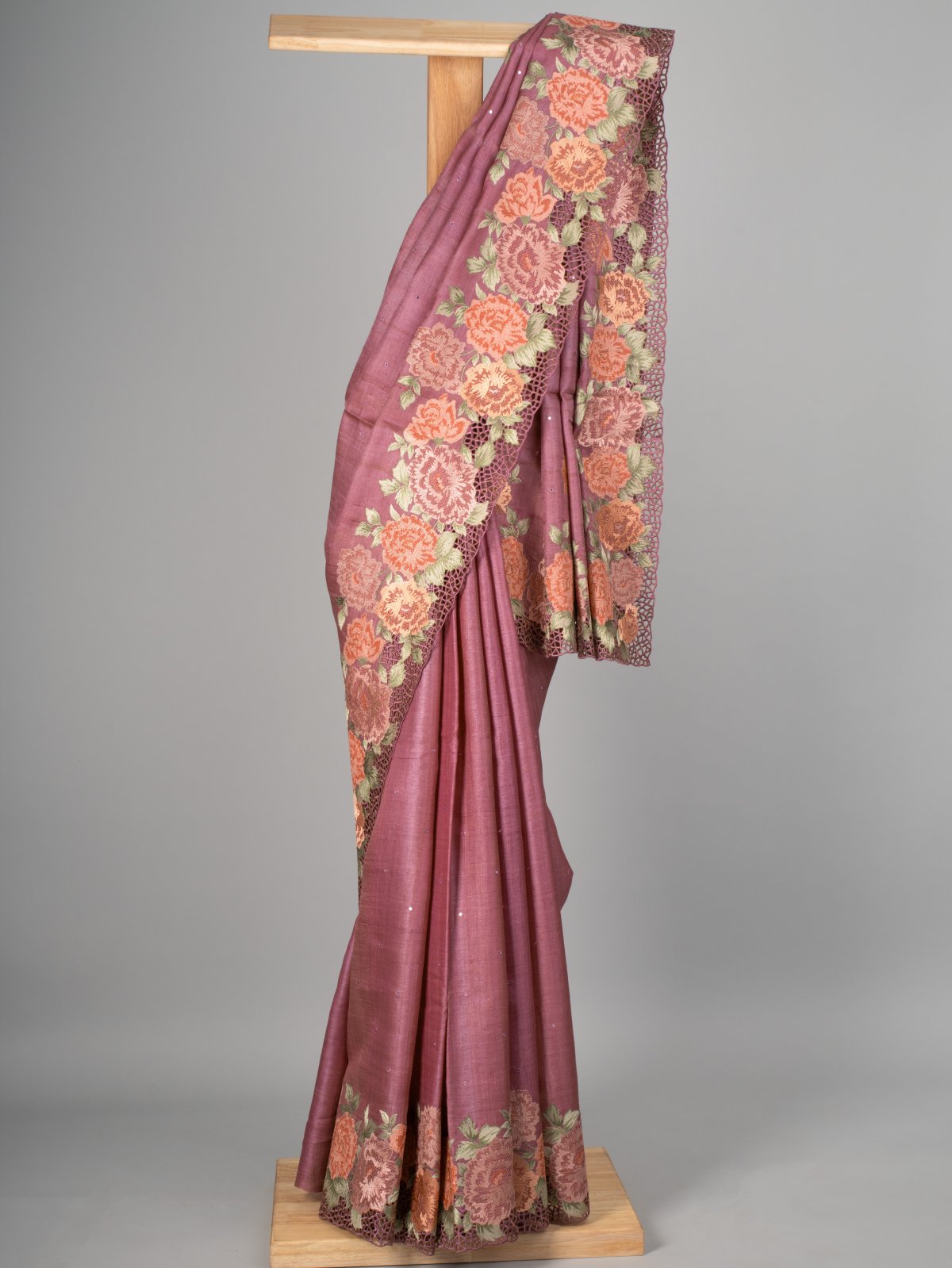 Medium Cranberry Tussar Silk Saree with Floral Embroidery Border
