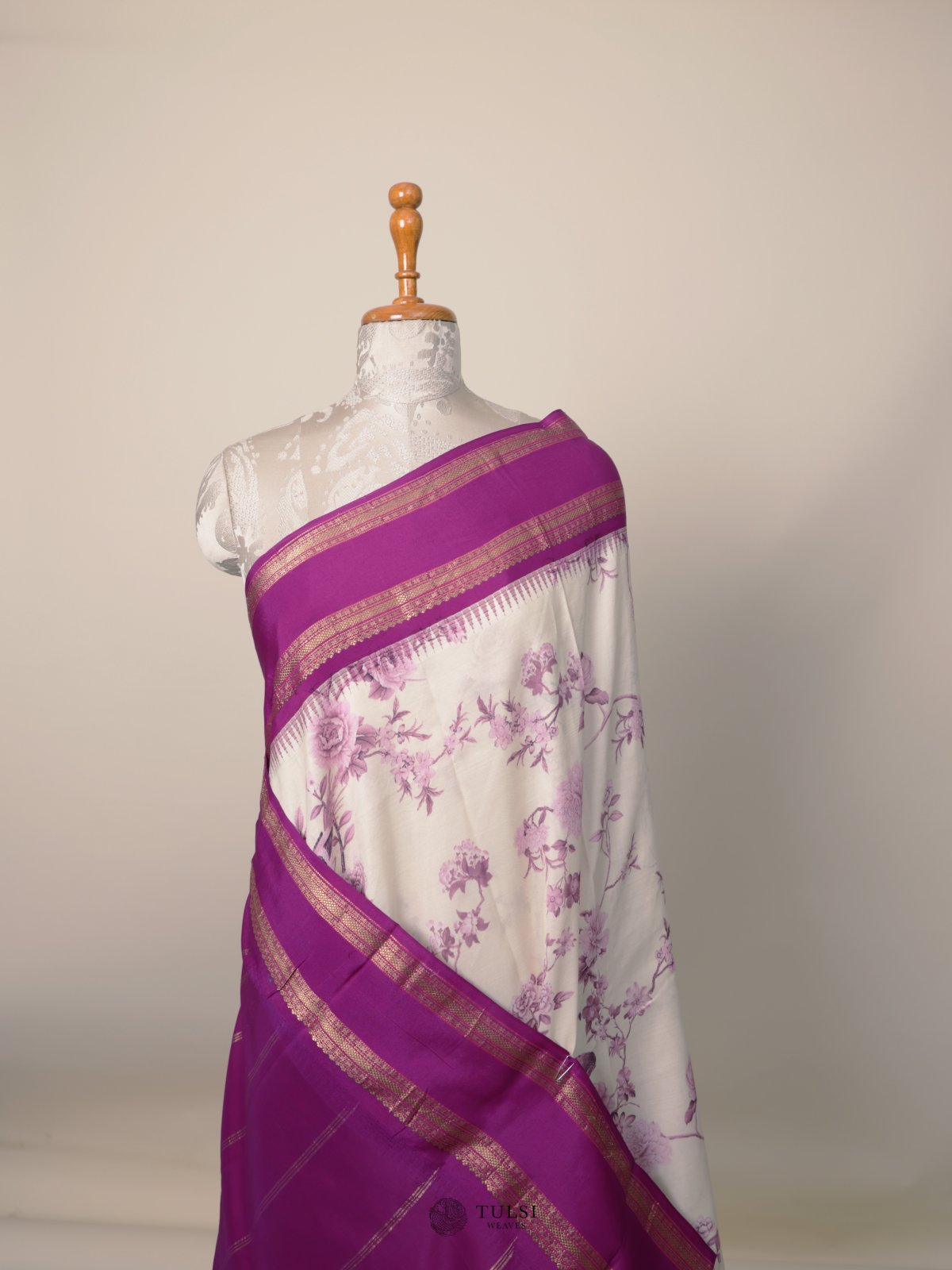 Cream Printed Kanjeevaram Silk Saree 