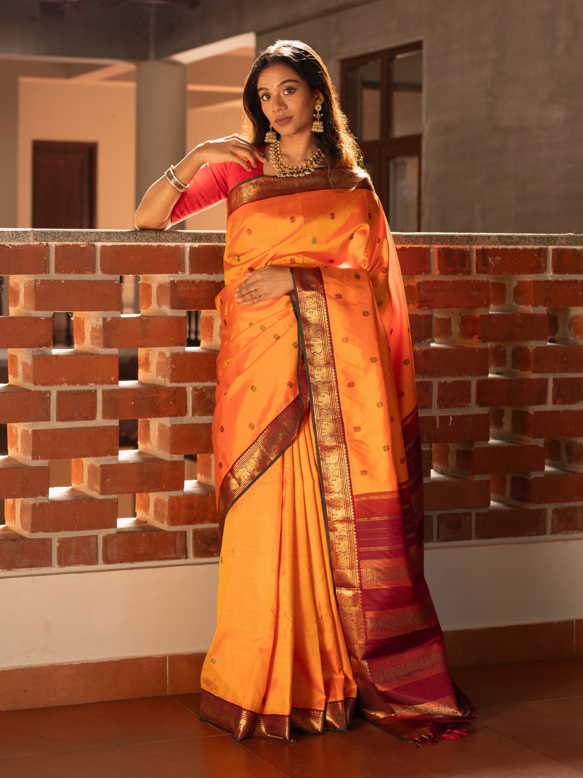 Bright Orange Kanjeevaram Silk Saree with Contrast Border 