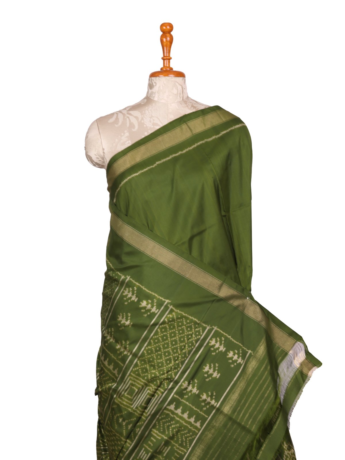Olive Green Ikat Silk Saree With Zari Border