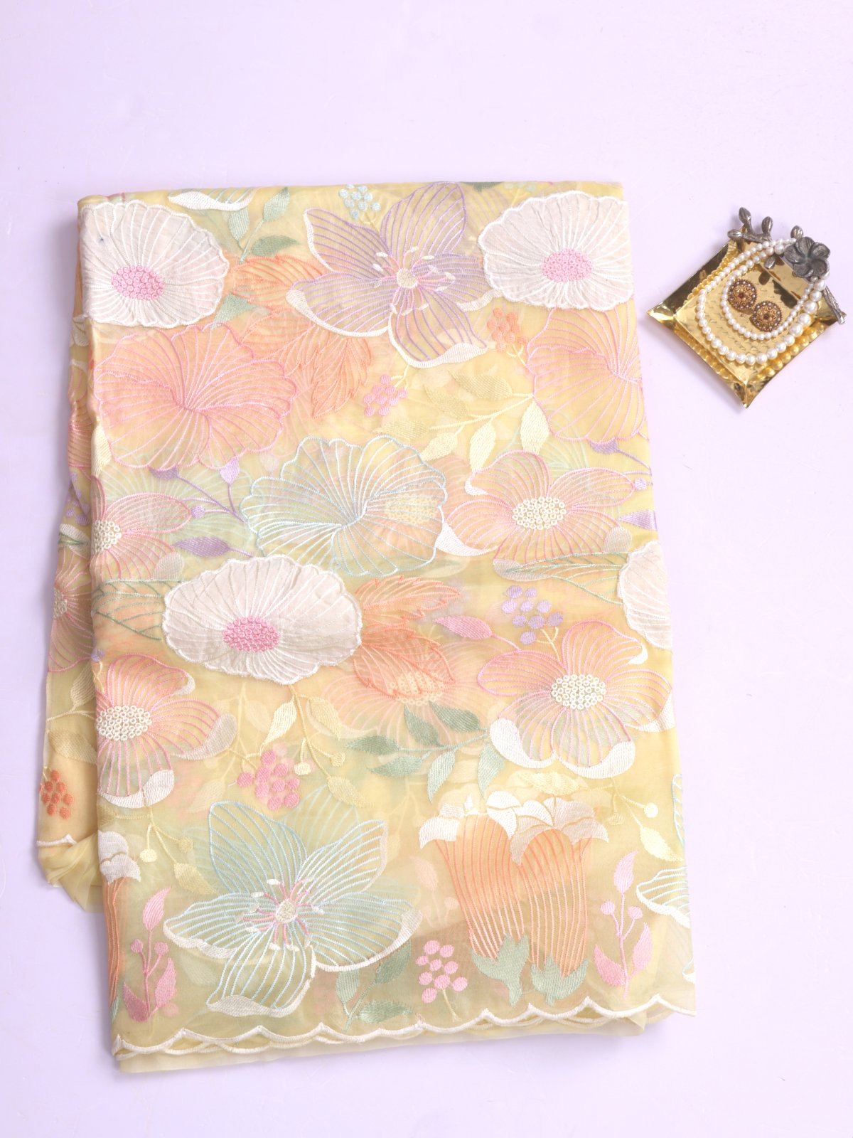 Light Yellow Embroidered Organza Silk Saree With Applique Work
