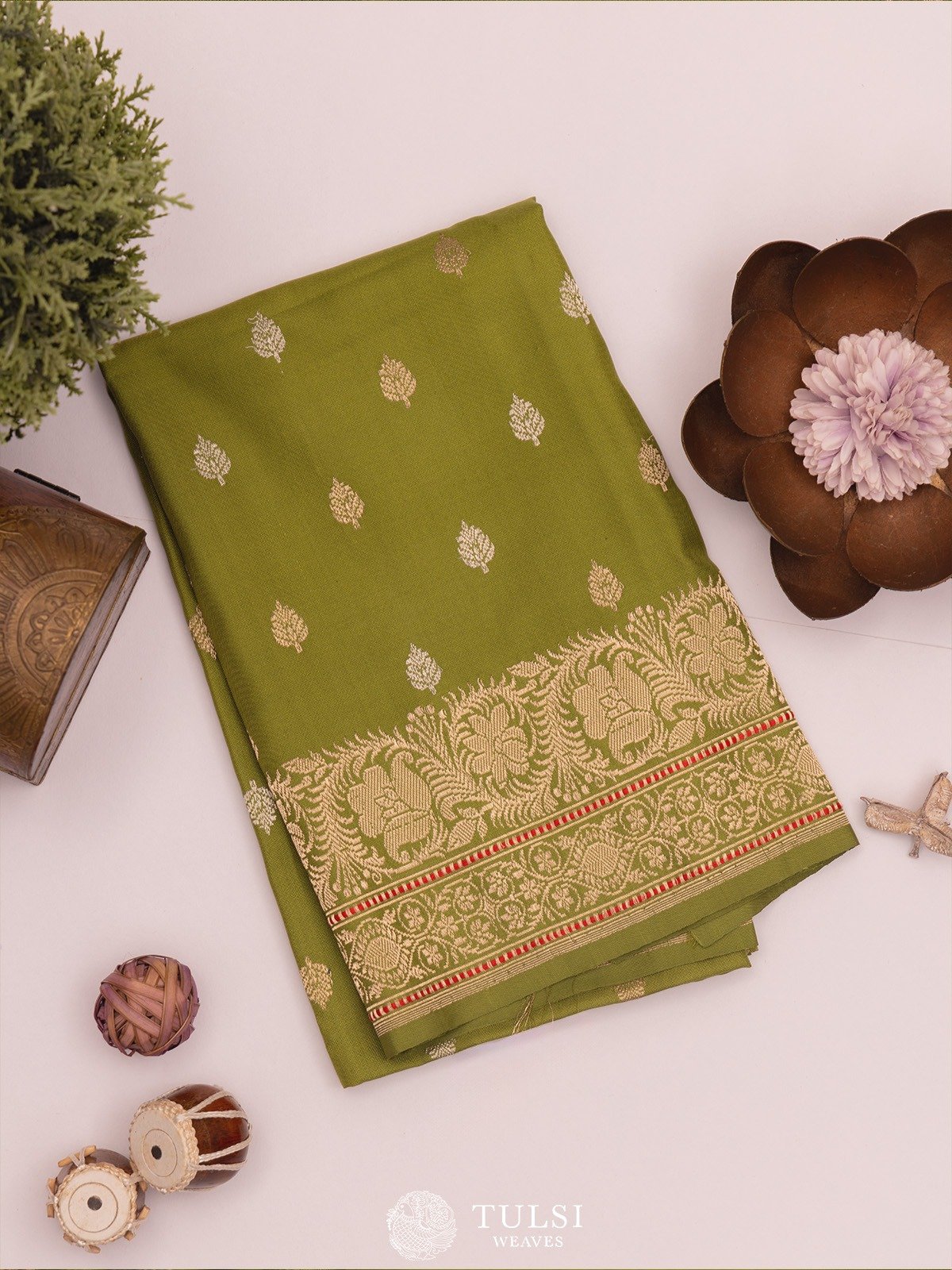 Olive Green Banaras Blouse with Floral Border