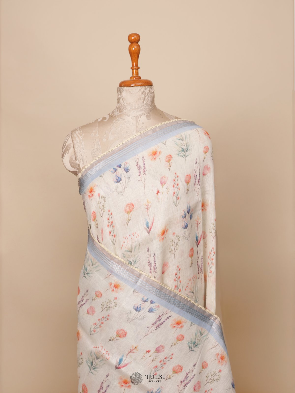 Off-White Printed Linen Saree