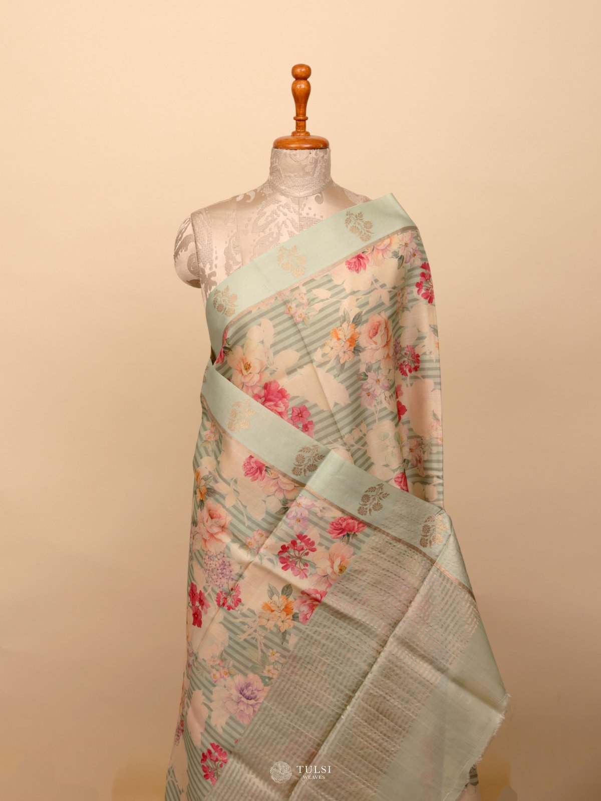 Pastel Blue Printed Tussar Silk Saree