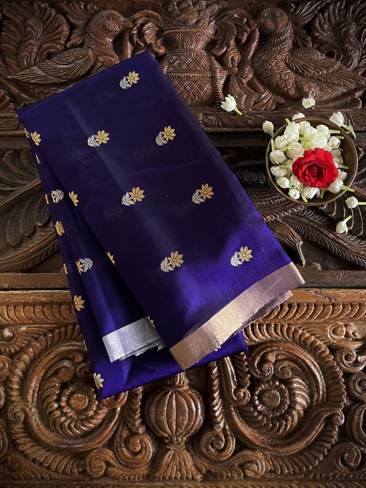 Dark Blue Chanderi Silk Blouse With Gold and Silver Zari Floral Buttis
