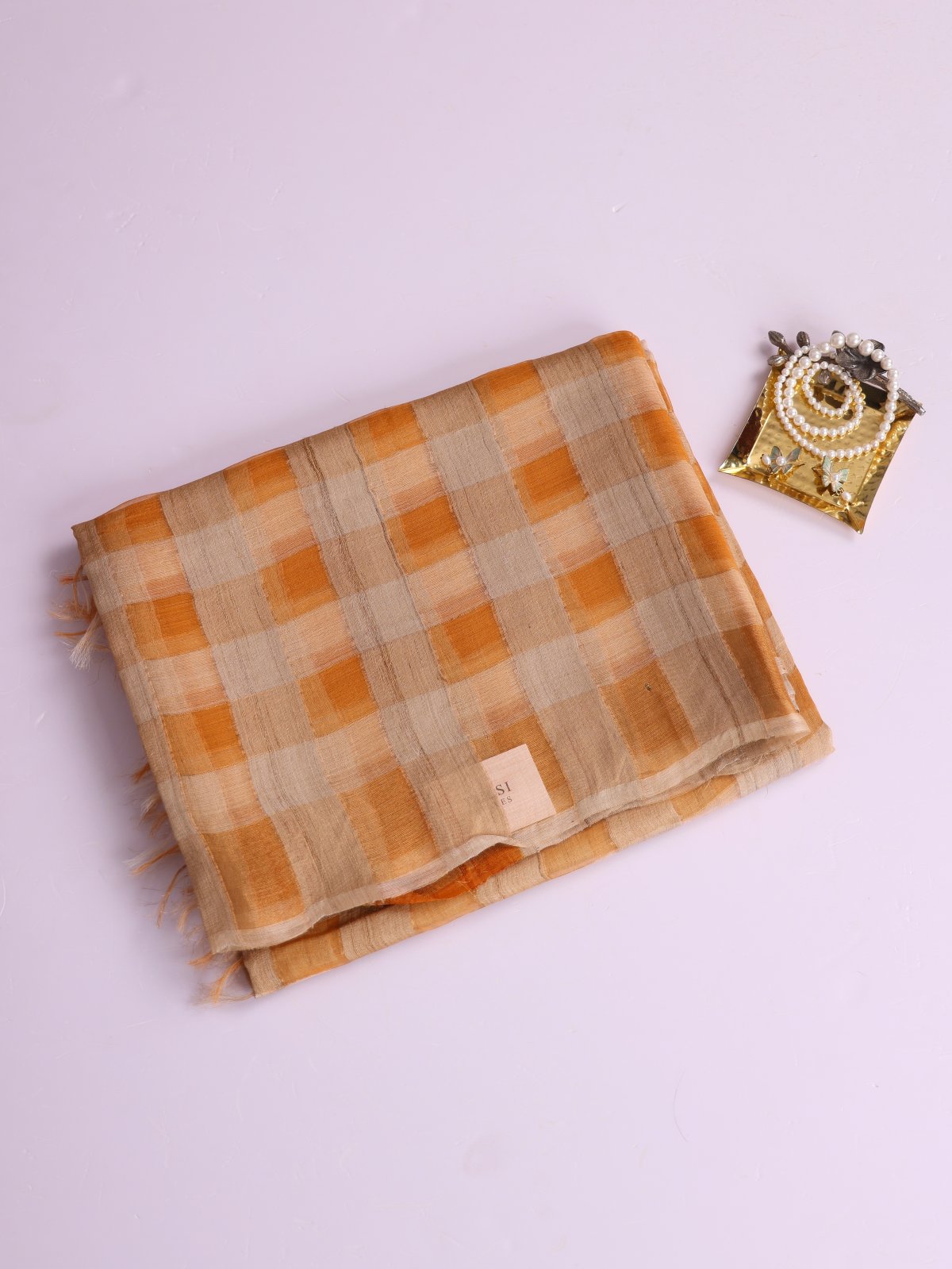 Mustard Yellow And Beige Checked Printed Organza Tussar Silk Saree