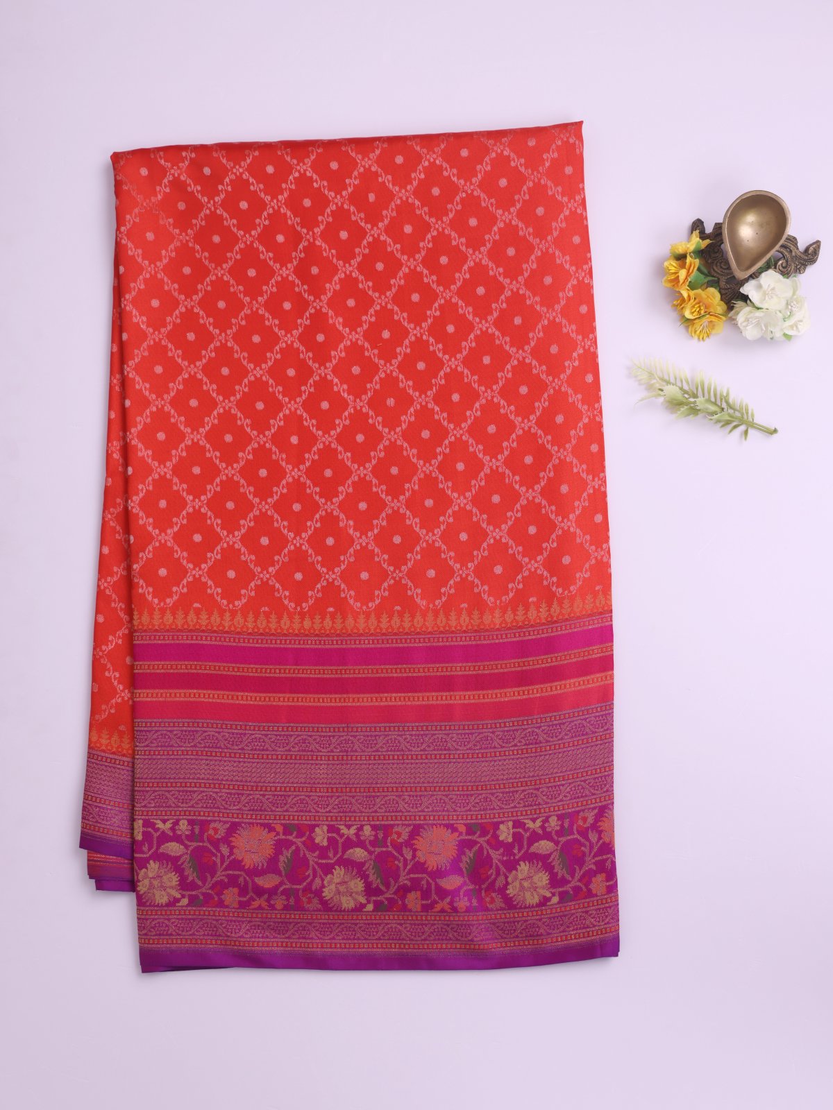 Bright Orange Banaras Silk Saree with Dark Purple Jamdani Border
