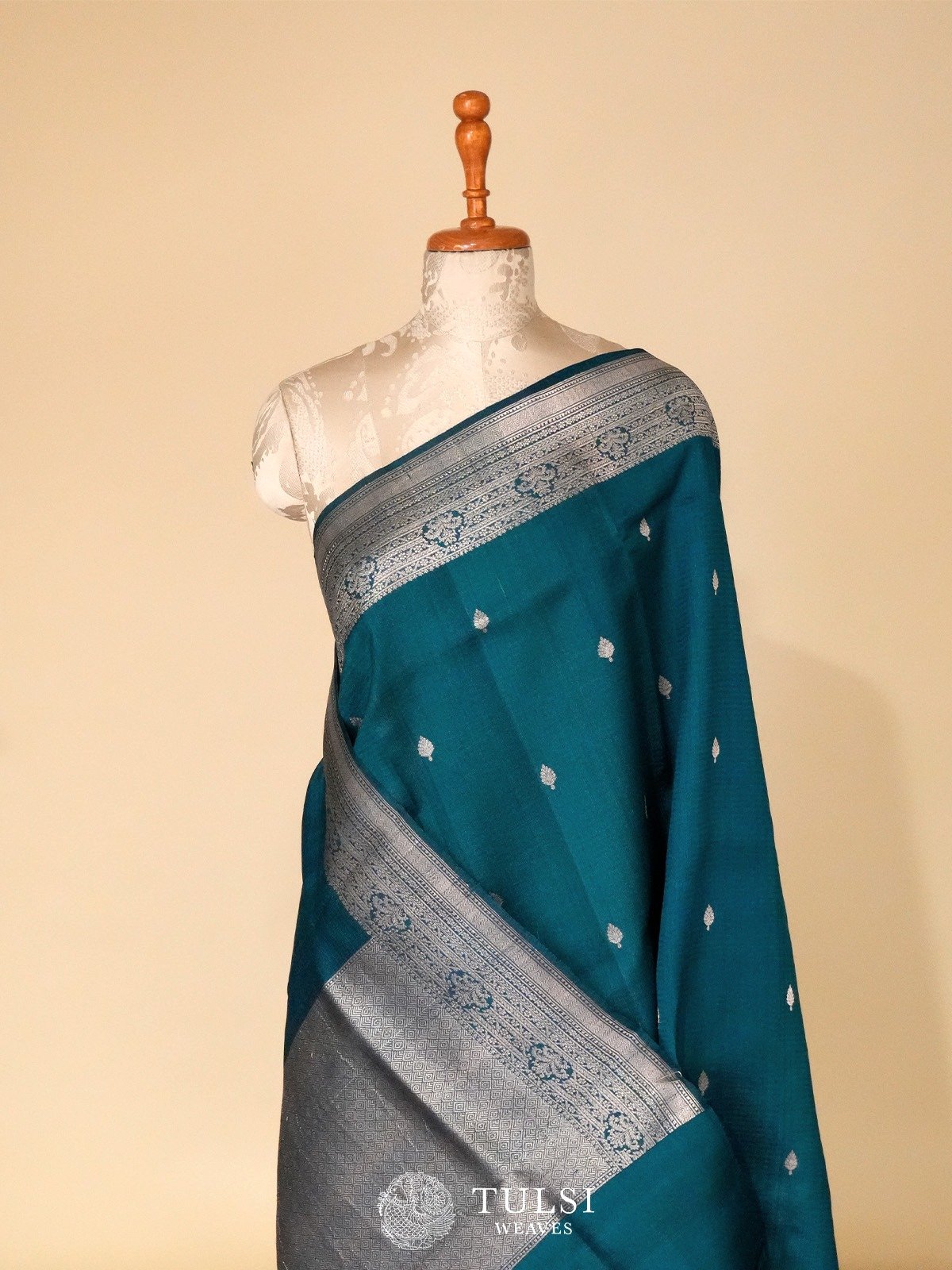 Teal Blue Tussar Banaras Silk Saree