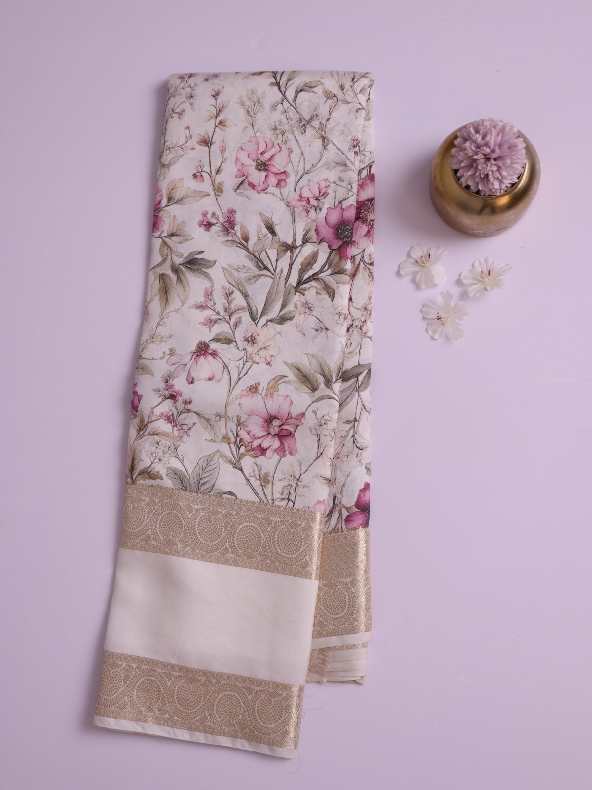 White Printed Kanjeevaram Silk Saree 