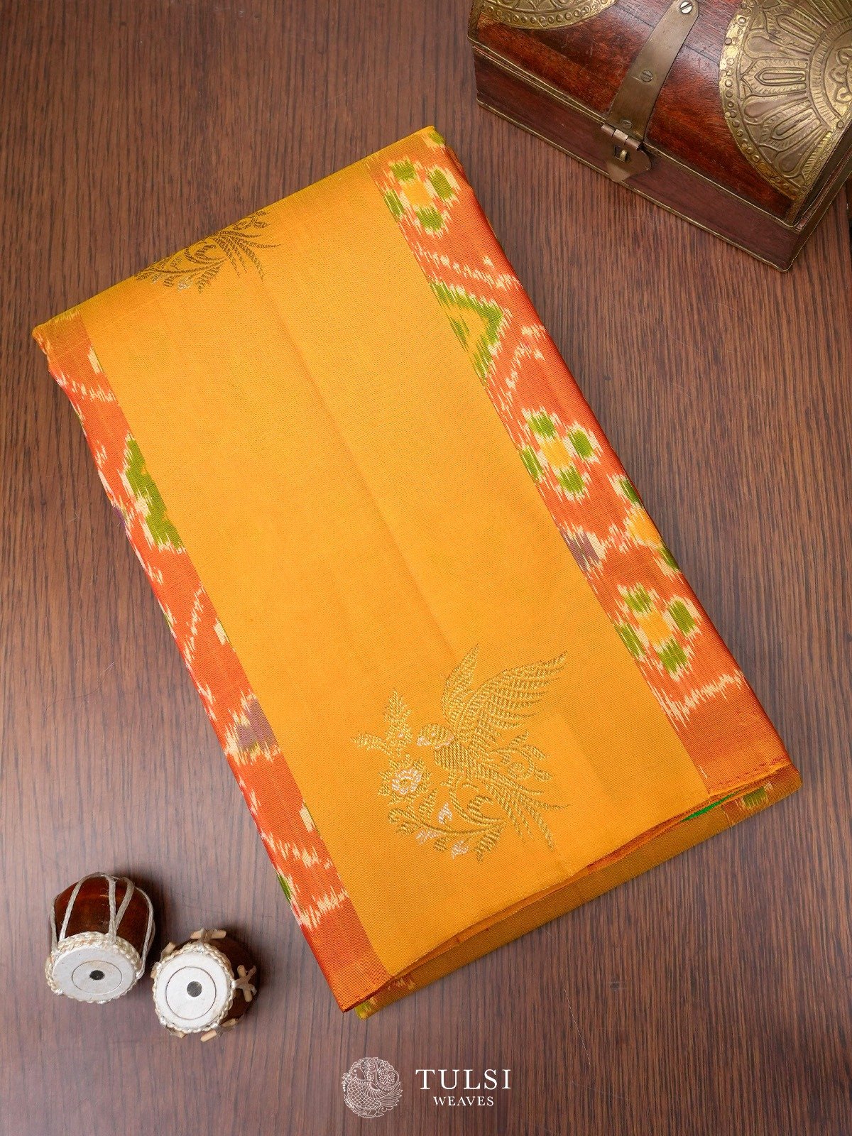 Yellowish-Orange Kanjeevaram Silk Saree with Ikat Pattern