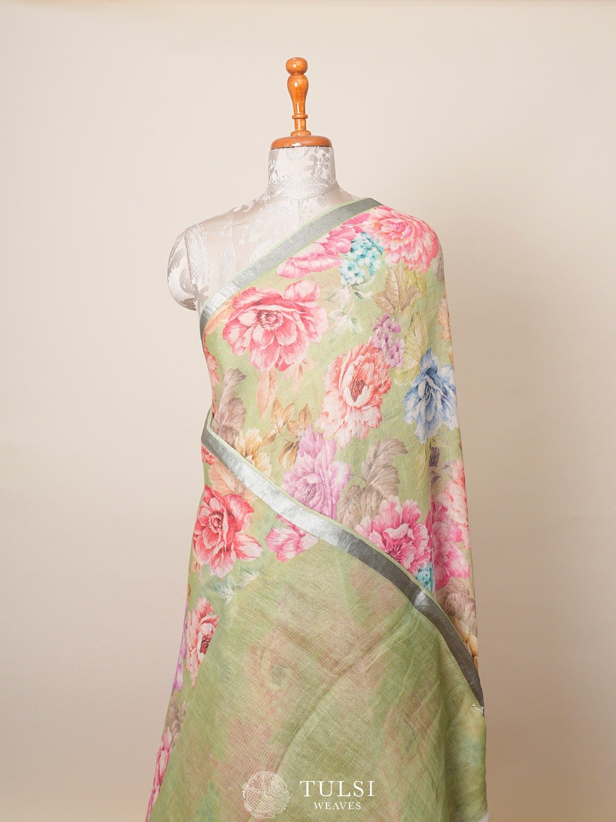 Light Green Printed Linen Saree