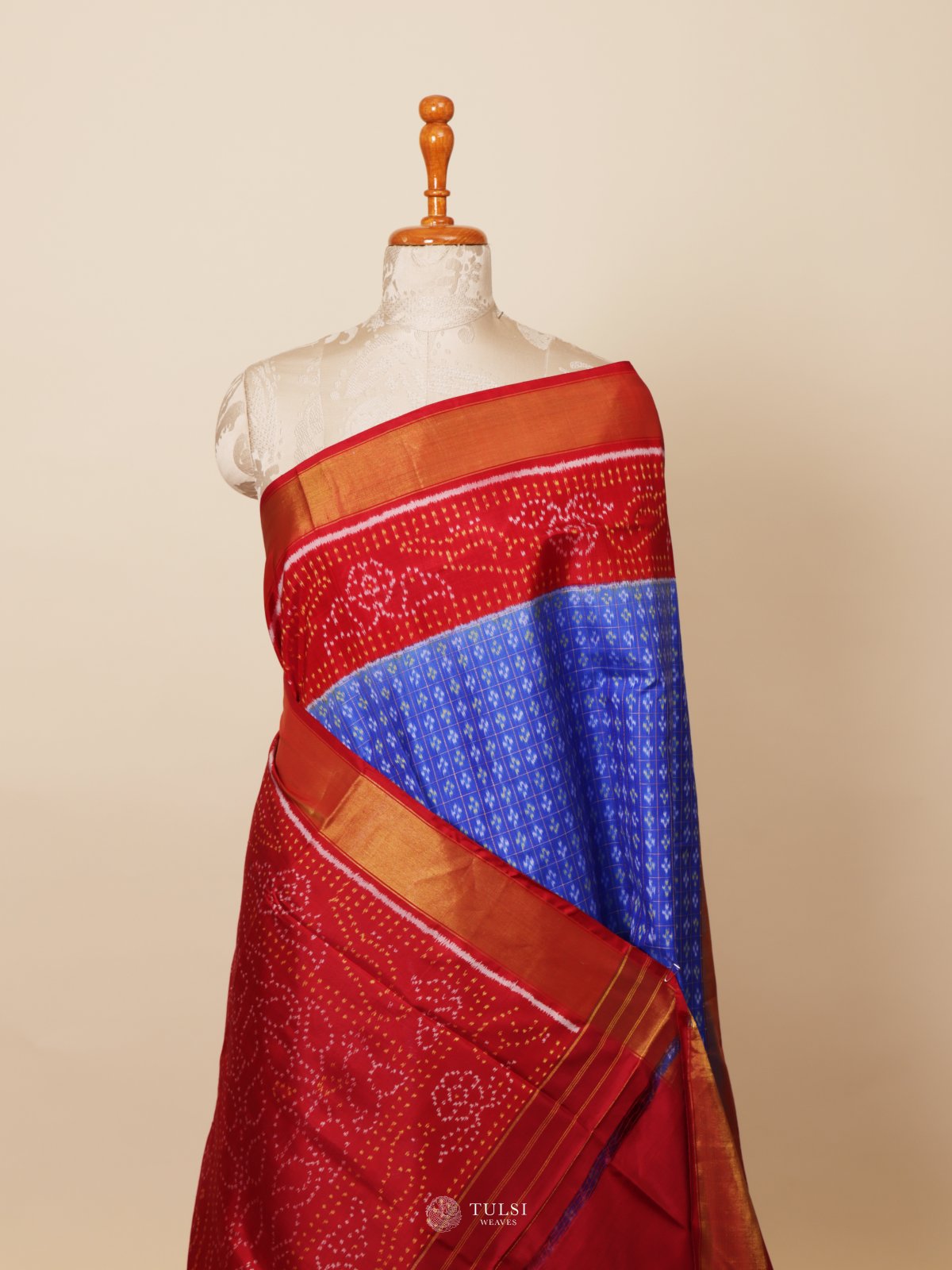 Blue Ikat Silk Saree With Red Border