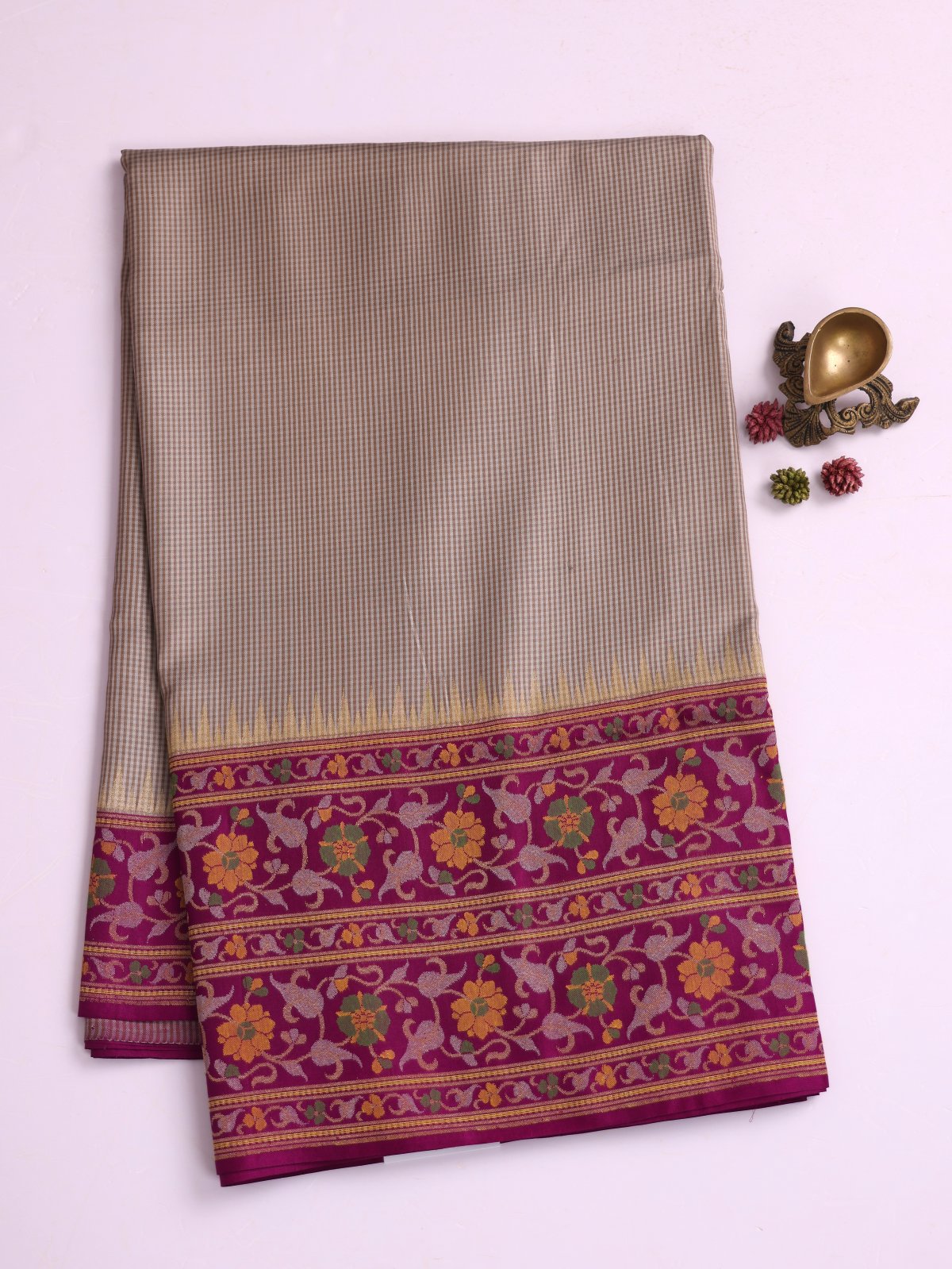 Grey And Brown Checked Banaras Silk Saree With Purple Border