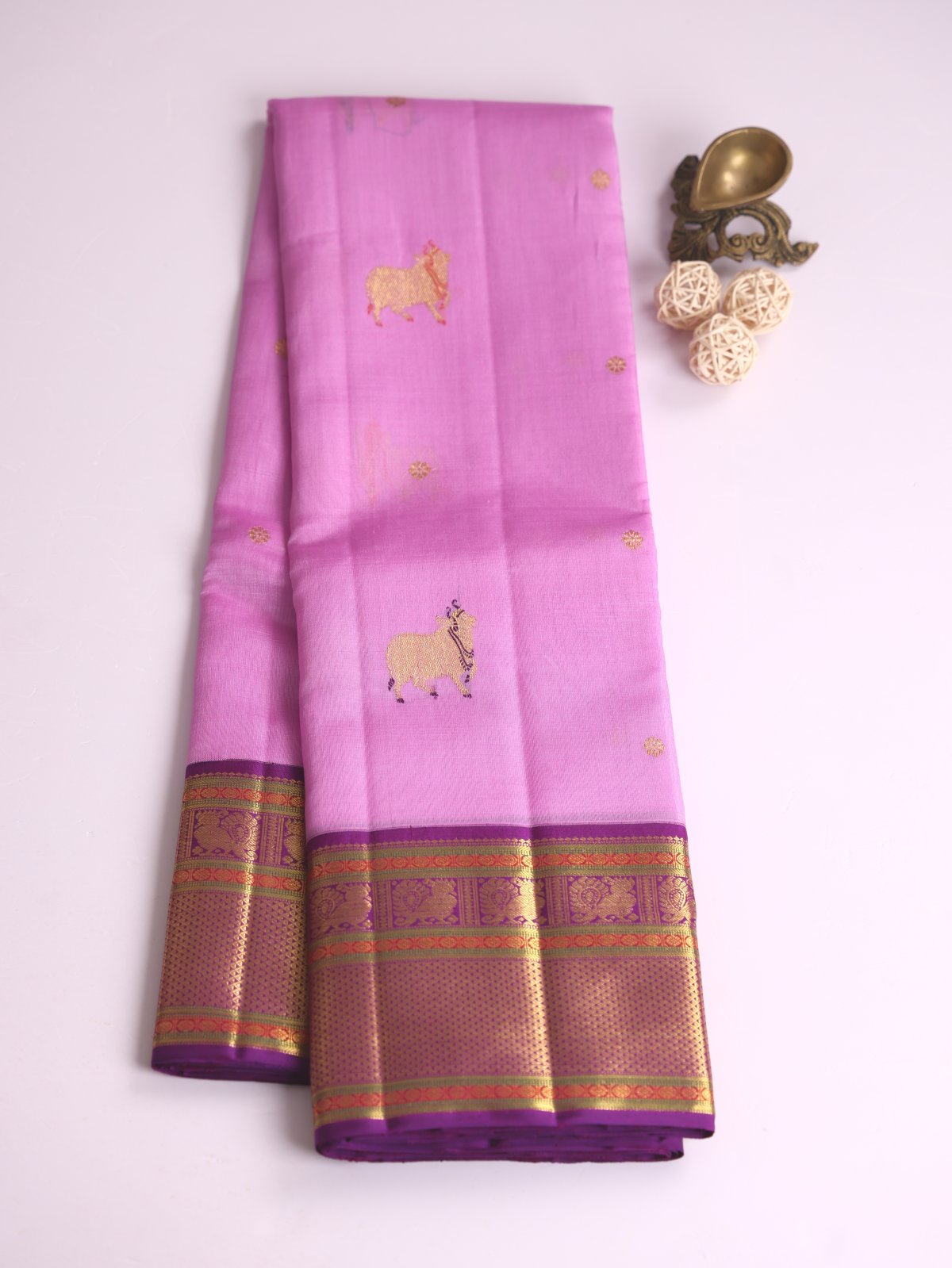 Lavender Pink Kanjeevaram Organza Saree With Violet Border