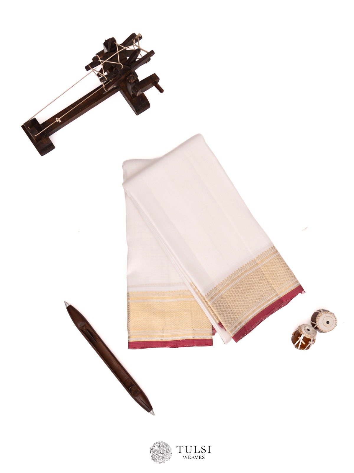 White Silk Dhoti With Self Zari Border