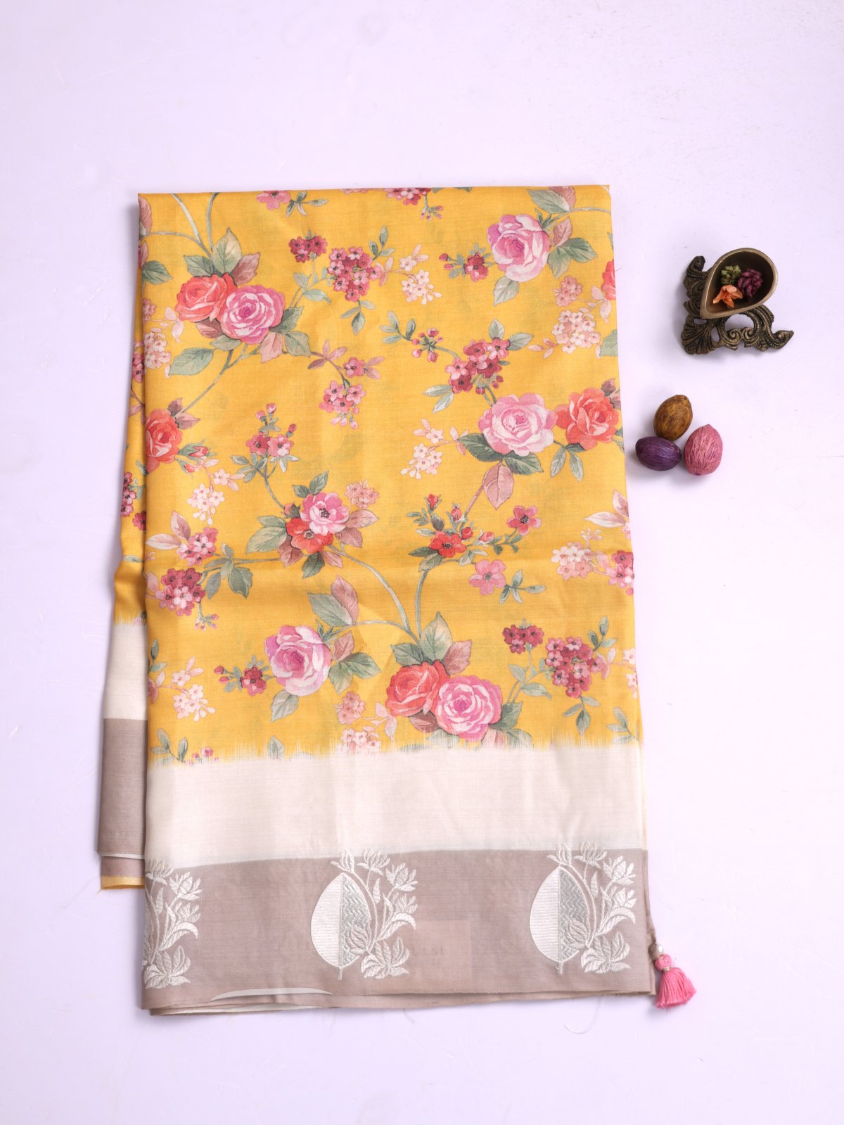 Mustard Yellow Printed Tussar Silk Saree With Beige Embroidered Border