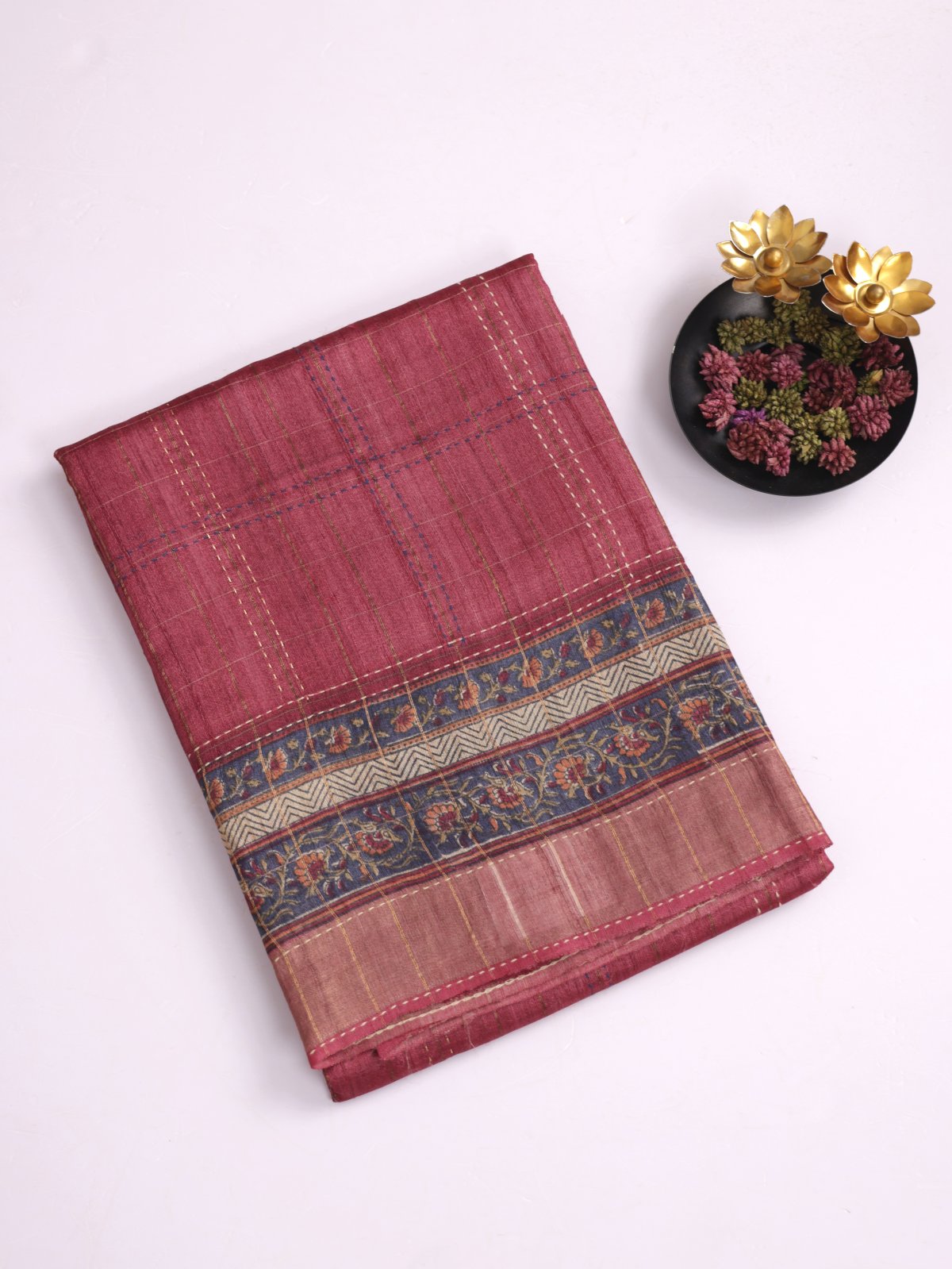 Dusty Pink Zari Checked Printed Tussar Silk Saree with Kantha Embroidery
