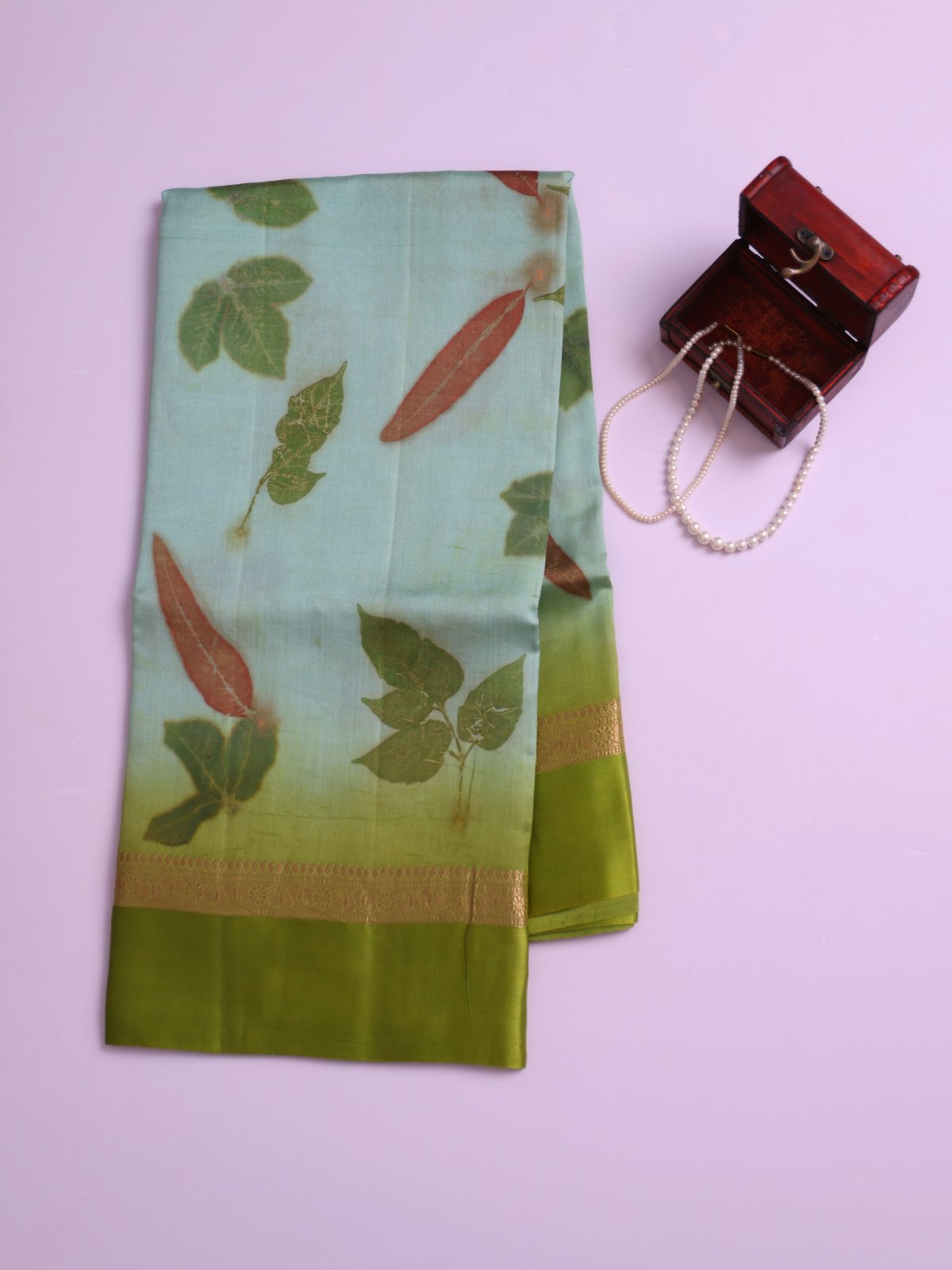 Light Cyan Eco Print Tussar Silk Saree with Mehendi Green Satin Border