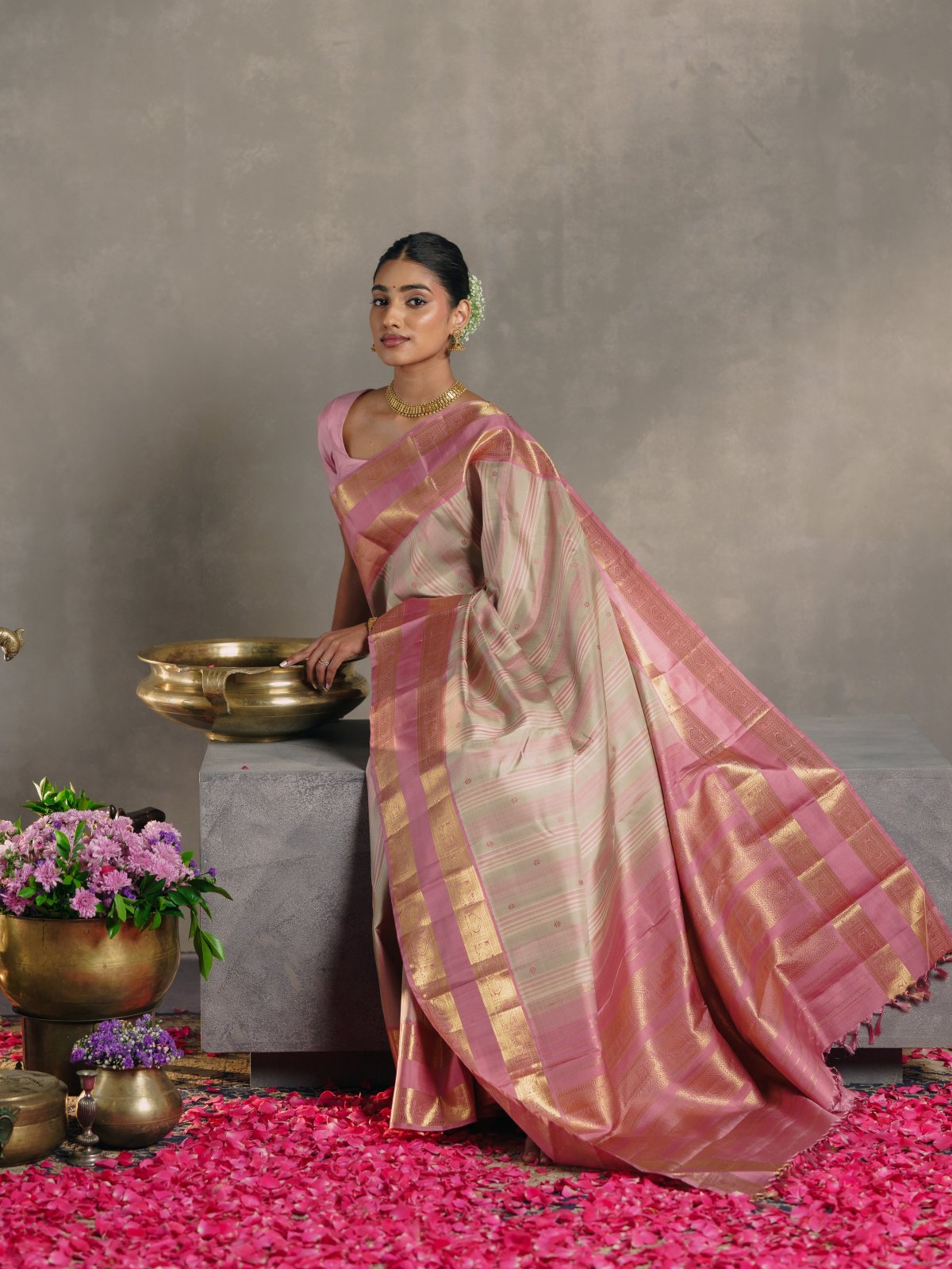 Crafted 10 - Multi Color Striped Kanjeevaram Silk Saree With Dusty Pink Border
