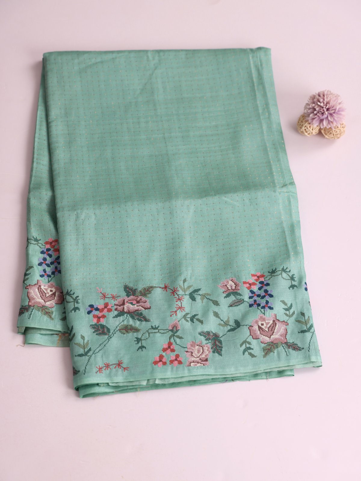 Light Greenish Blue Silk Saree With Cross-Stitch Embroidered Border