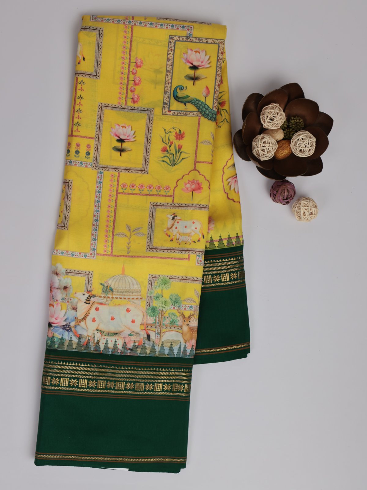 Yellow Printed Kanjeevaram Silk Saree