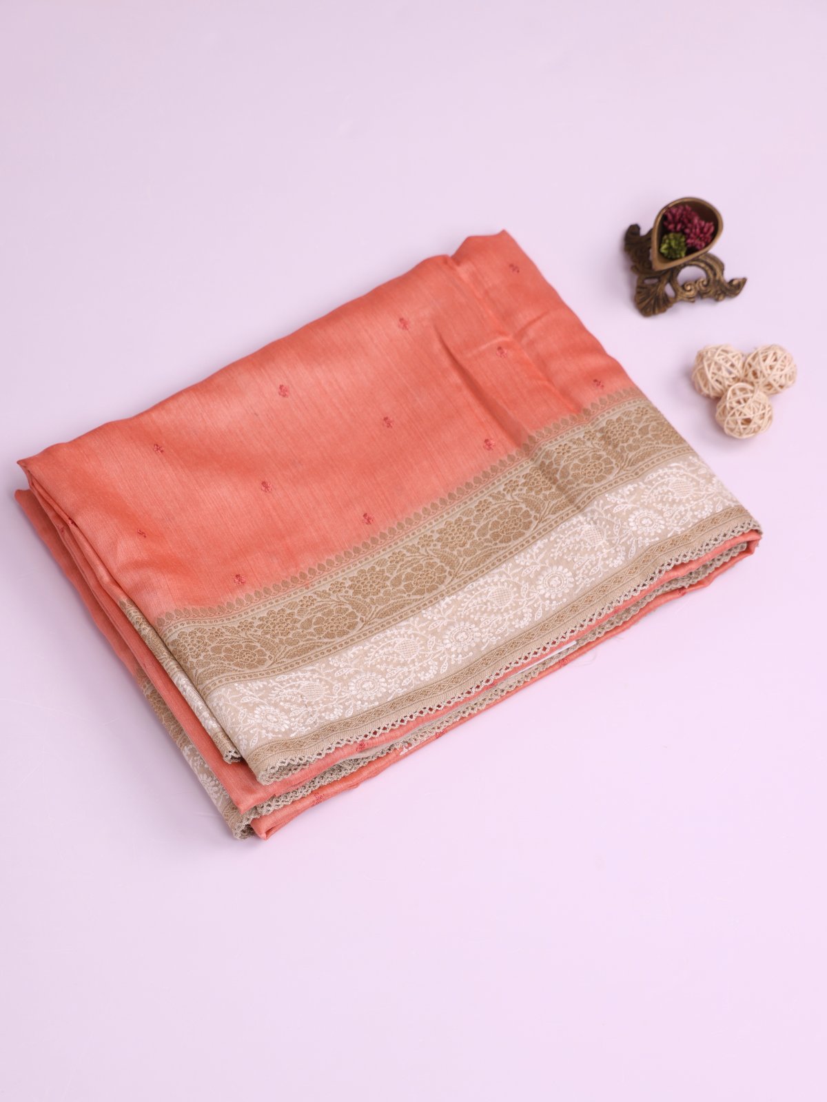 Peach Munga Silk Saree with Cream Embroidered Border 