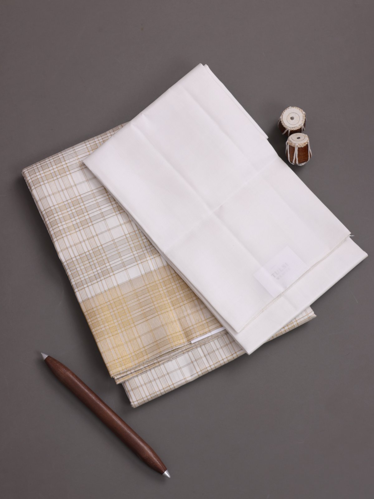 Off White Zari Checked Silk Dhoti, Vasthram And Shirt Material 