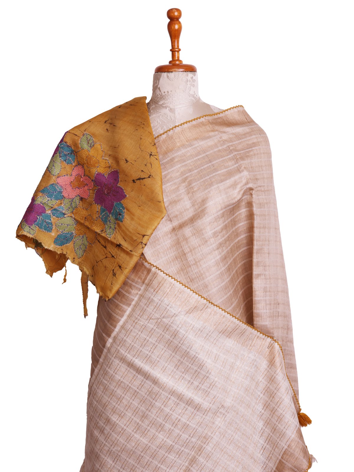 Beige Tussar Silk Saree With Mustard Yellow Embroidered Blouse 