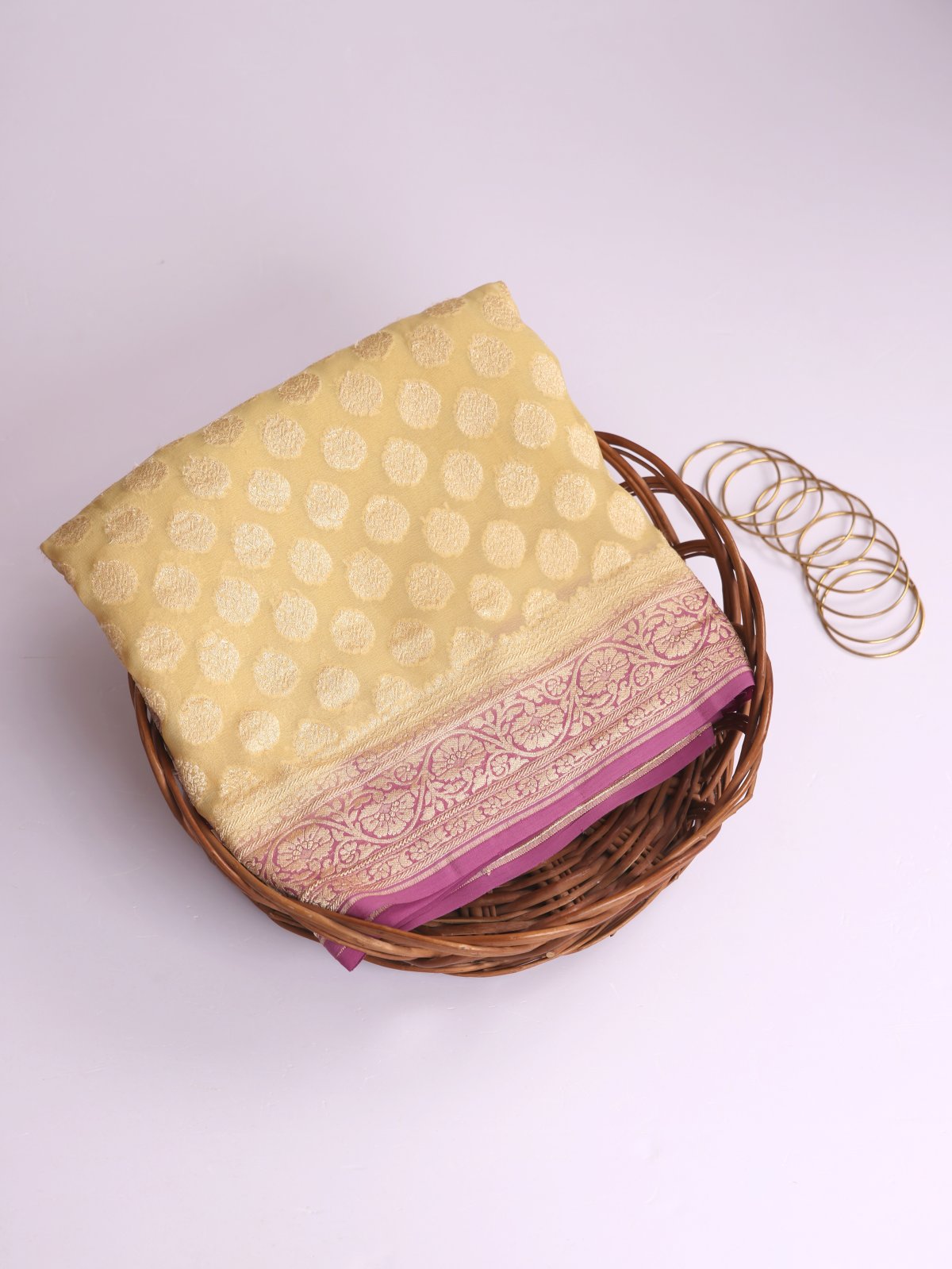 Pastel Yellow Banaras Georgette Silk Saree With Lavender Border