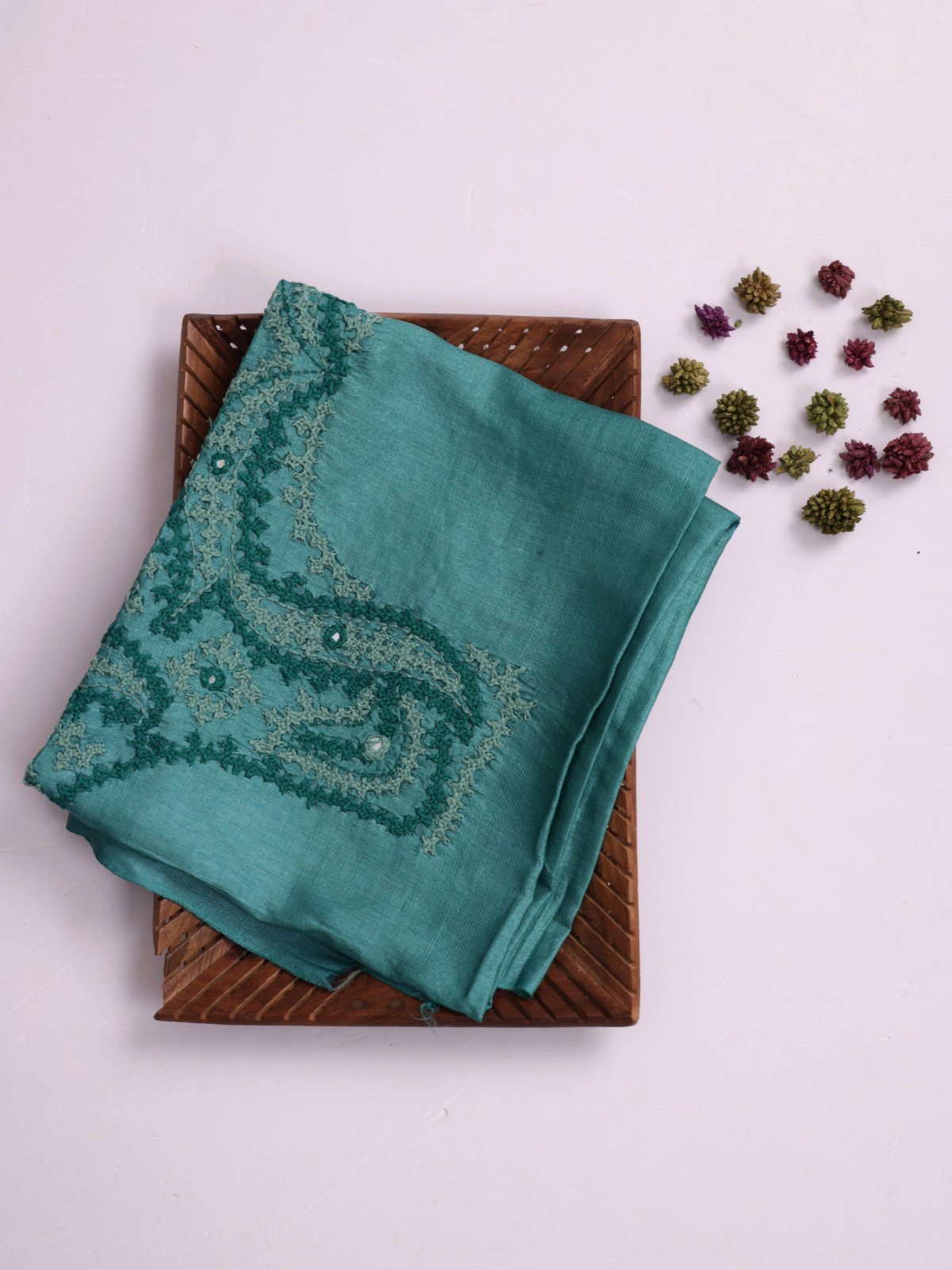 Greenish Blue Embroidered Tussar Silk Blouse