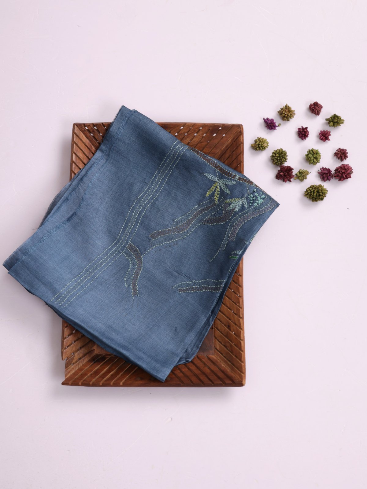 Greyish Blue Embroidered Tussar Silk Blouse