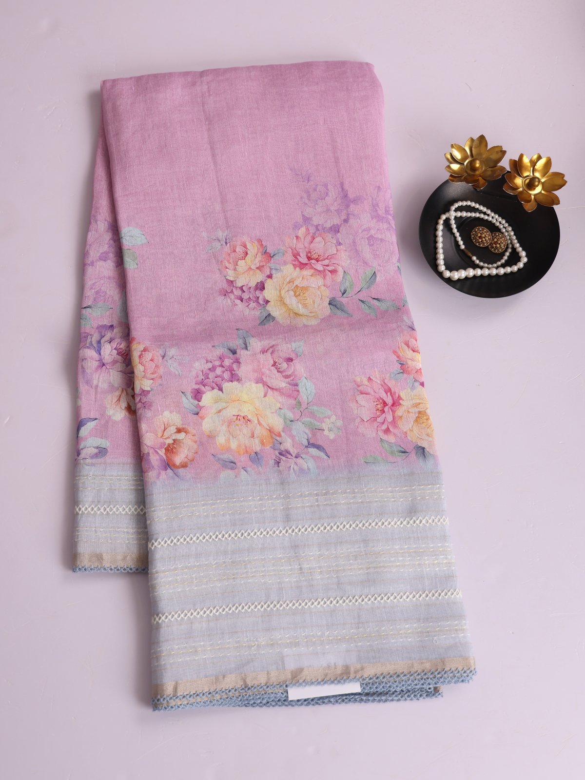 Lilac Printed Linen Saree With Embroidered Light Greyish Blue Border