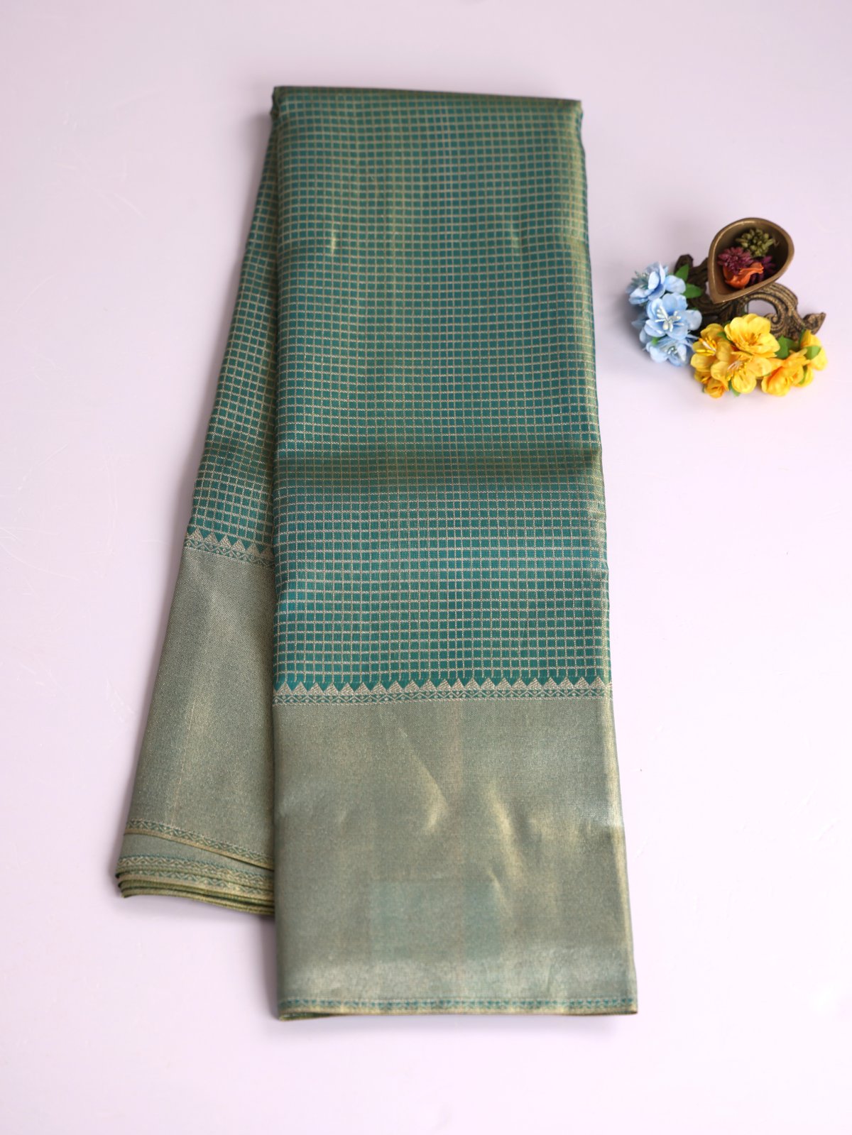Green Checked Tissue Brocade Kanjeevaram Silk Saree
