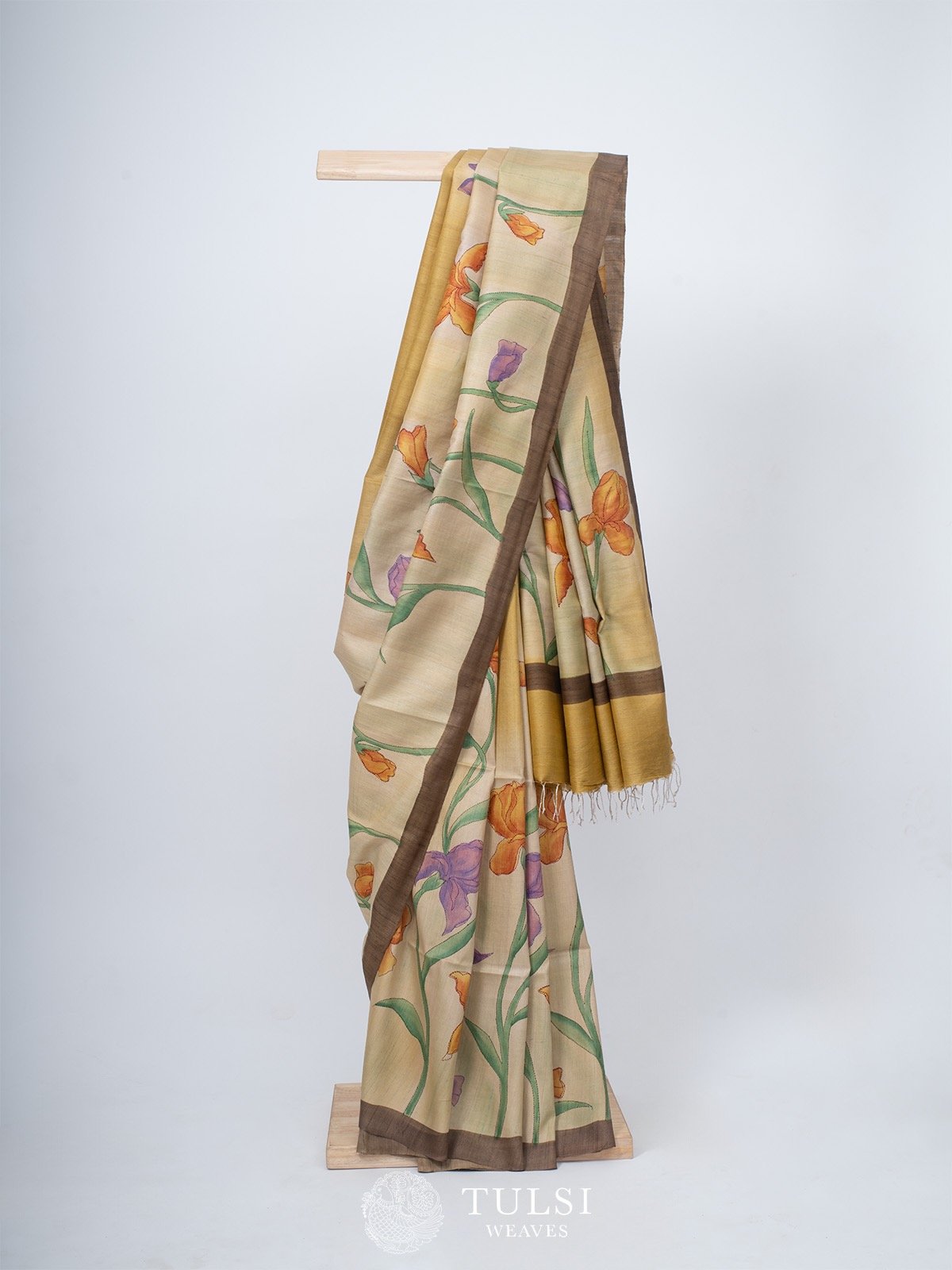 Light Brown Handpainted Silk Saree with Kantha work