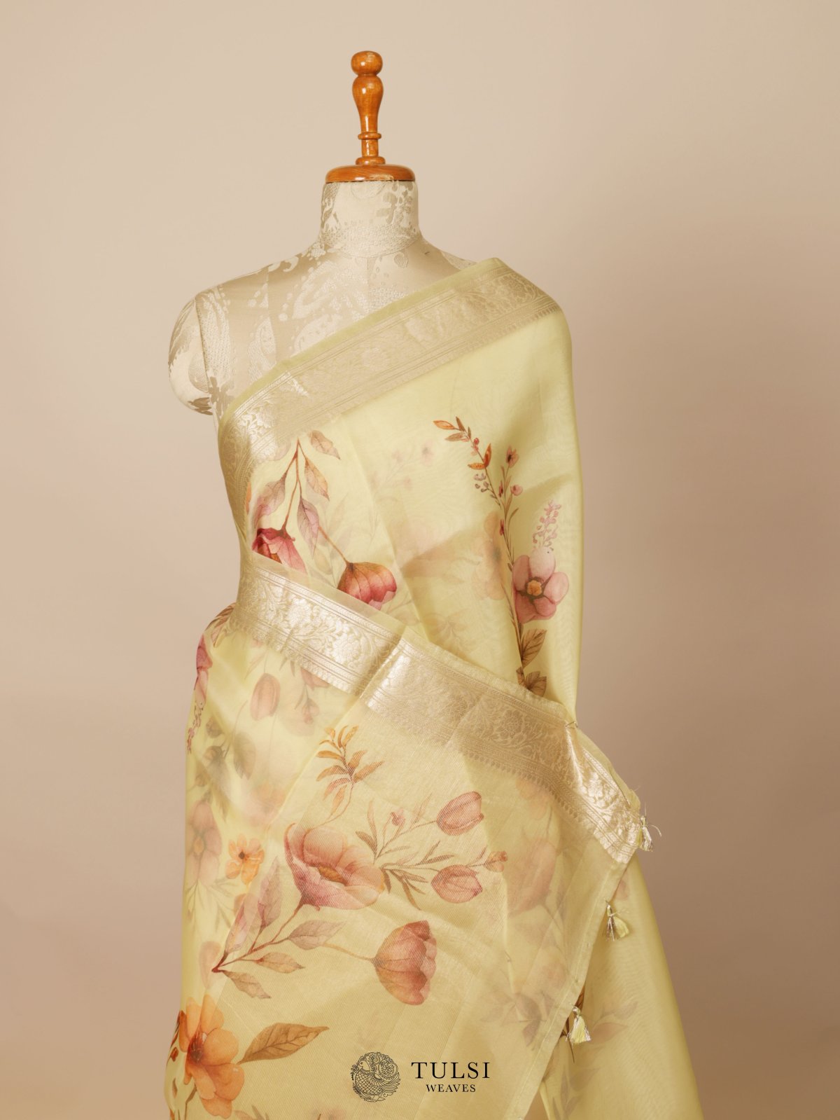 Light Lemon Yellow Printed Organza Silk Saree