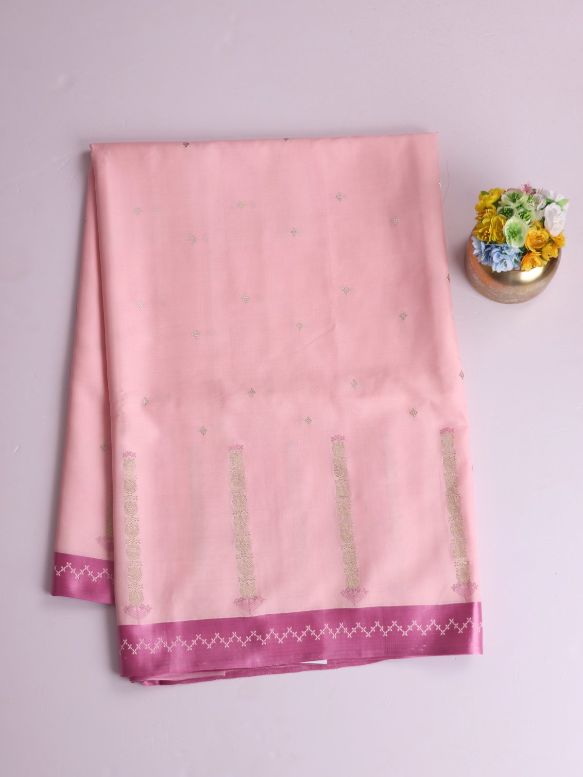 Baby Pink Mashru Silk Saree With Onion Pink Border 