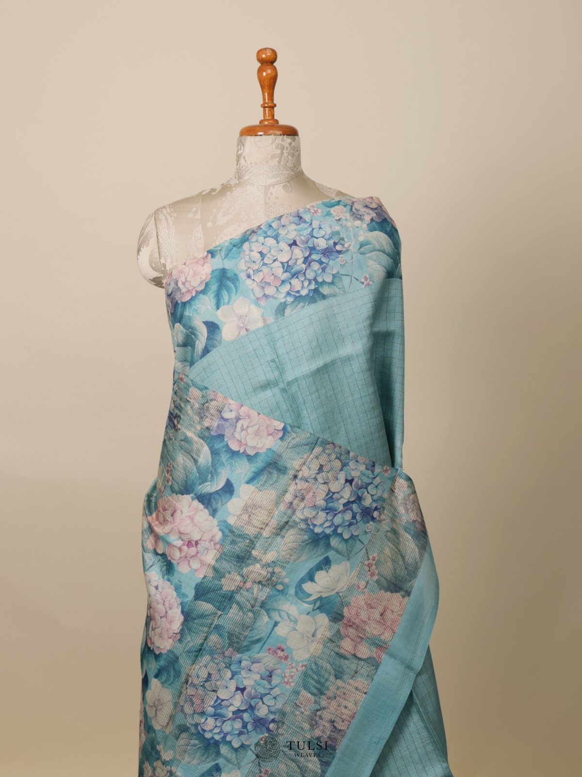 Blue Printed Tussar Silk Saree