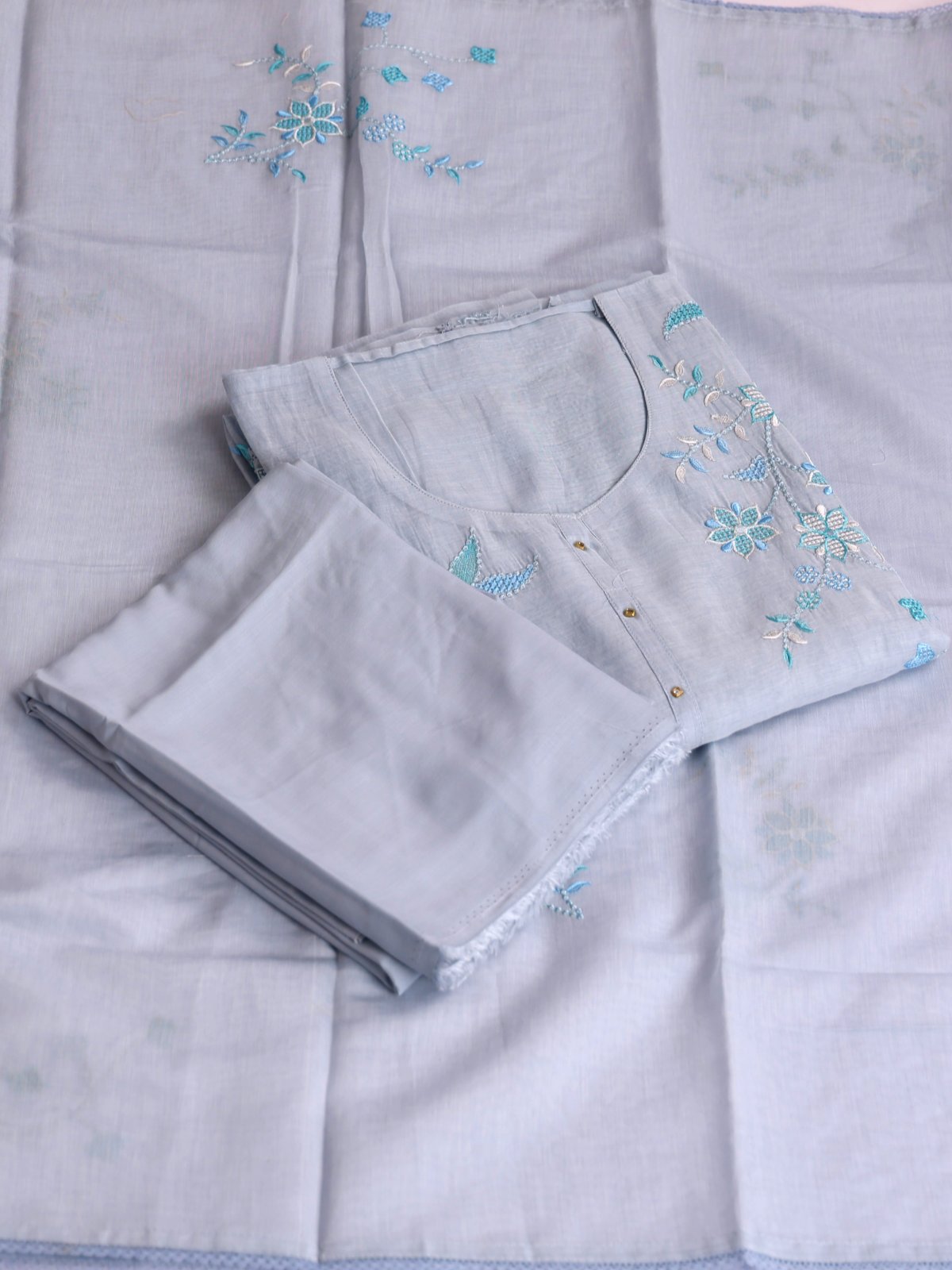 Light Greyish Blue Embroidered Mul Chanderi Cotton Salwar Material