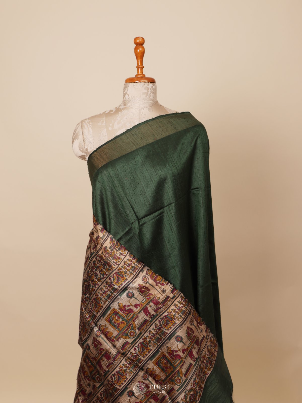 Dark Green Tussar Silk Saree With Madhubani Print