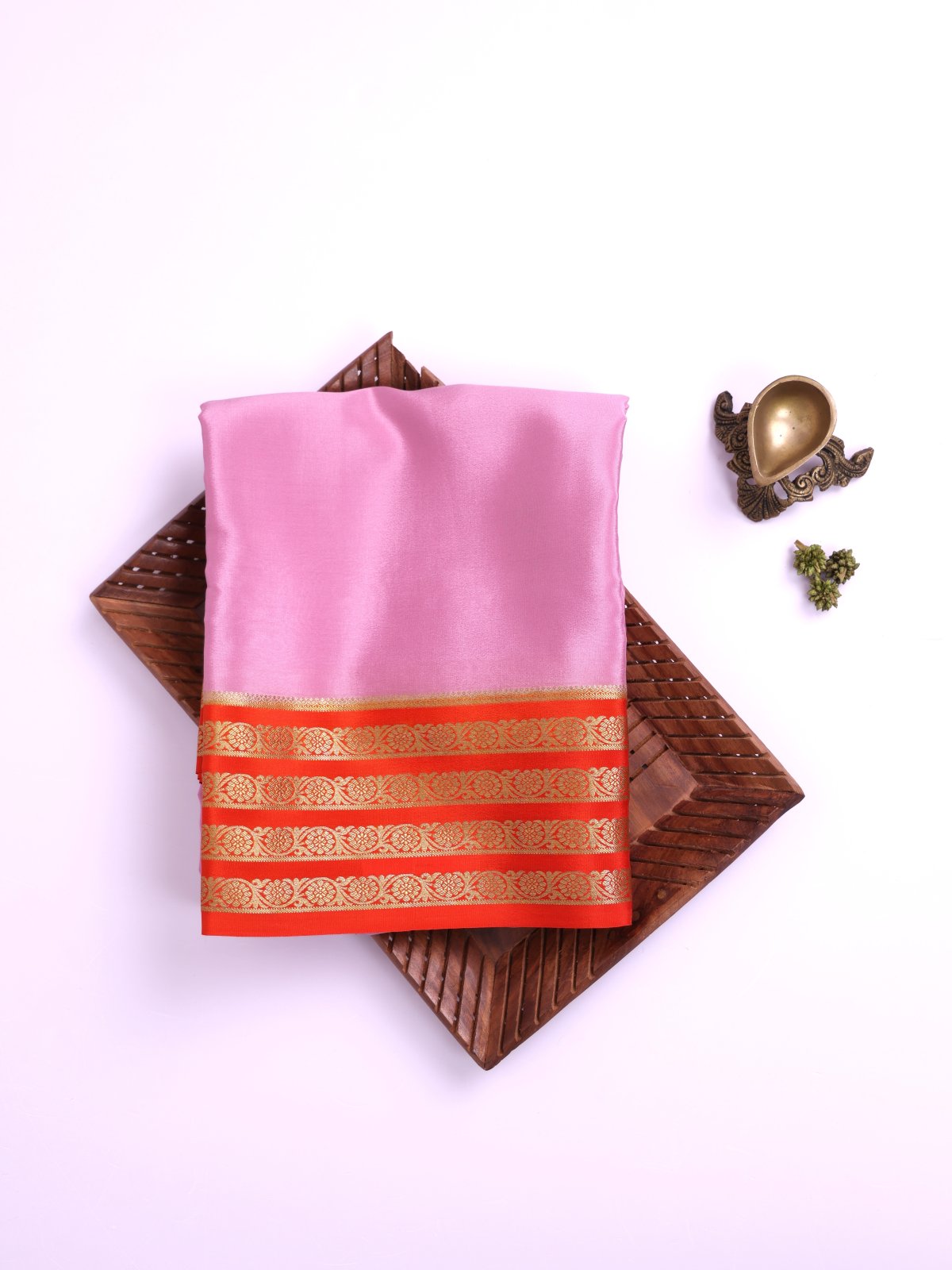 Pastel Pink Mysore Silk Saree with Orange Zari Border