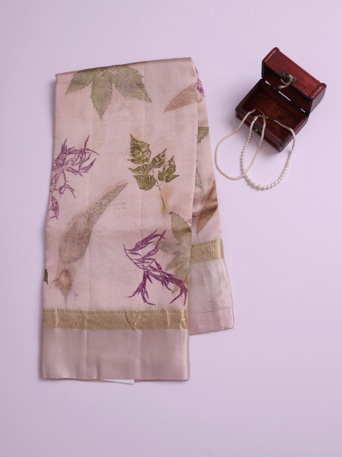 Baby Pink Eco Print Tussar Silk Saree with Self Satin Border