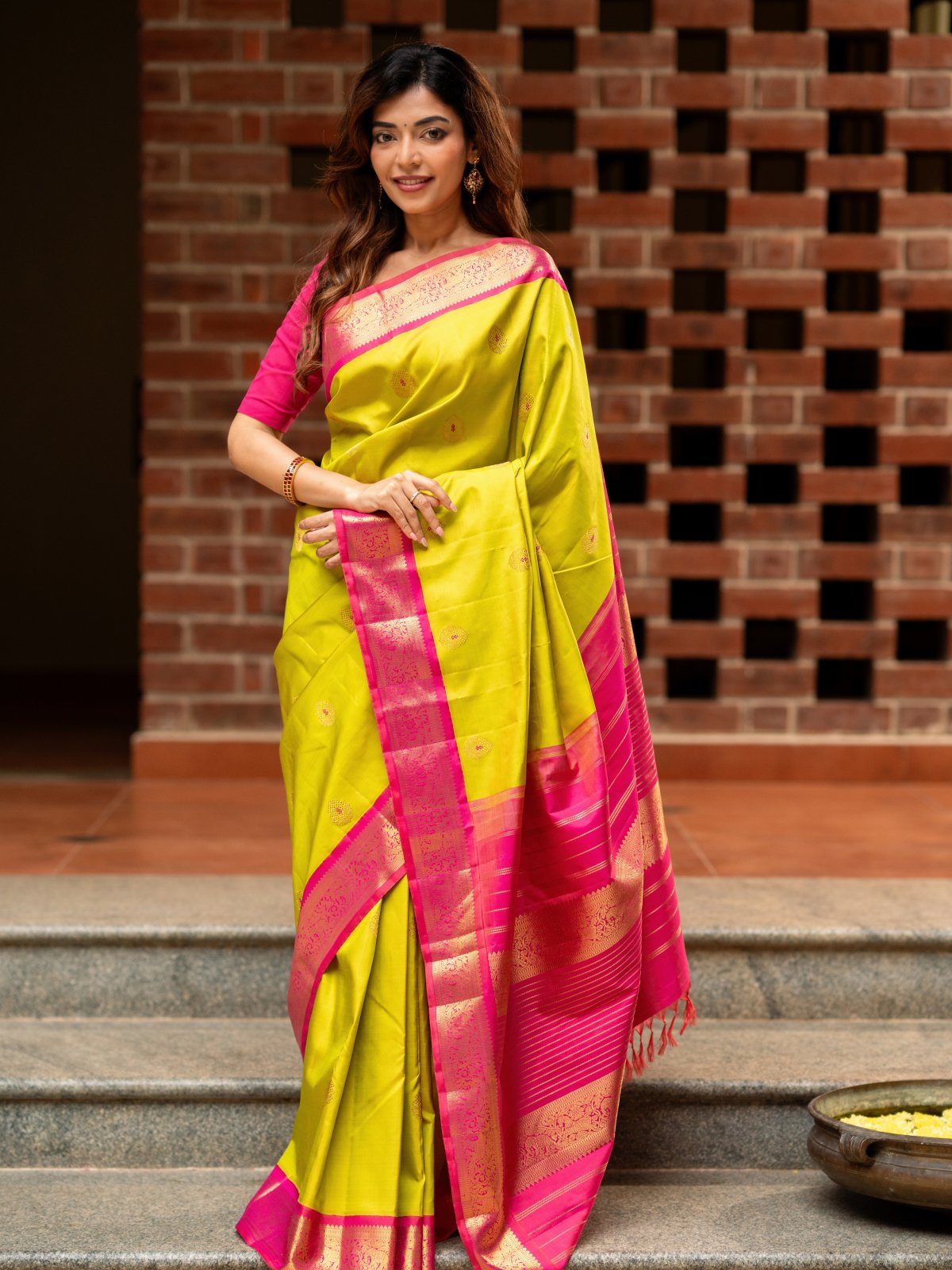 Lime Green Kanjeevaram Silk Saree with Contrast Border 