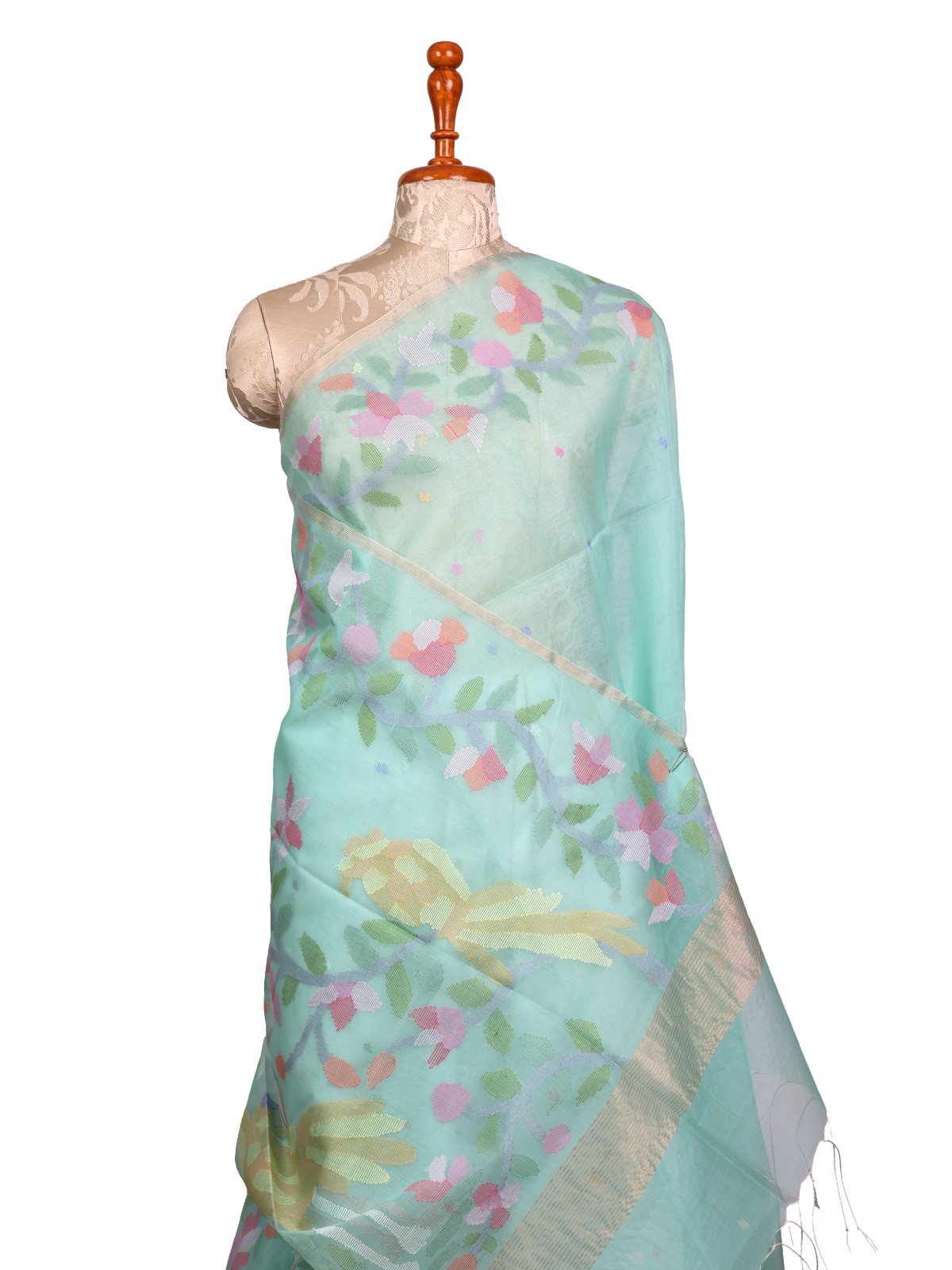Light Greenish Blue Kora Jamdani Silk Saree