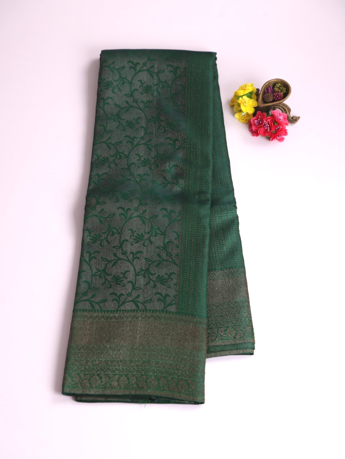 Bottle Green Kanjeevaram Silk Saree With Antique Zari
