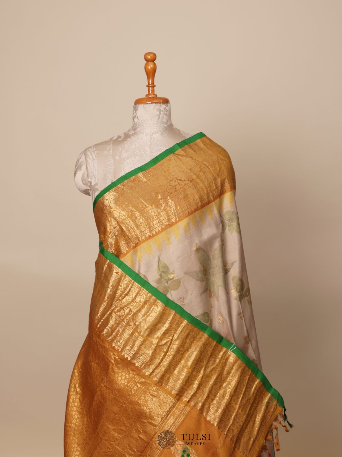 Beige Eco Print Silk Saree
