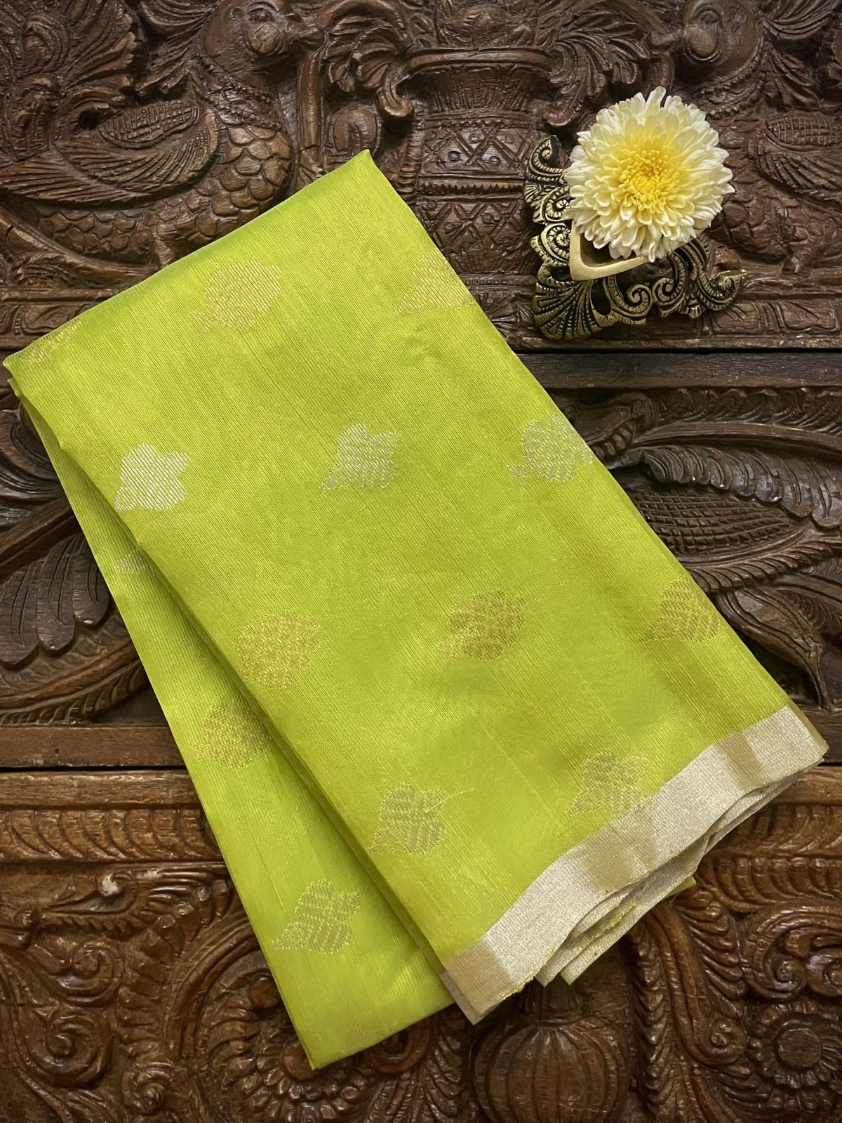 Parrot Green Chanderi Silk Blouse With Gold and Silver Zari Detailing