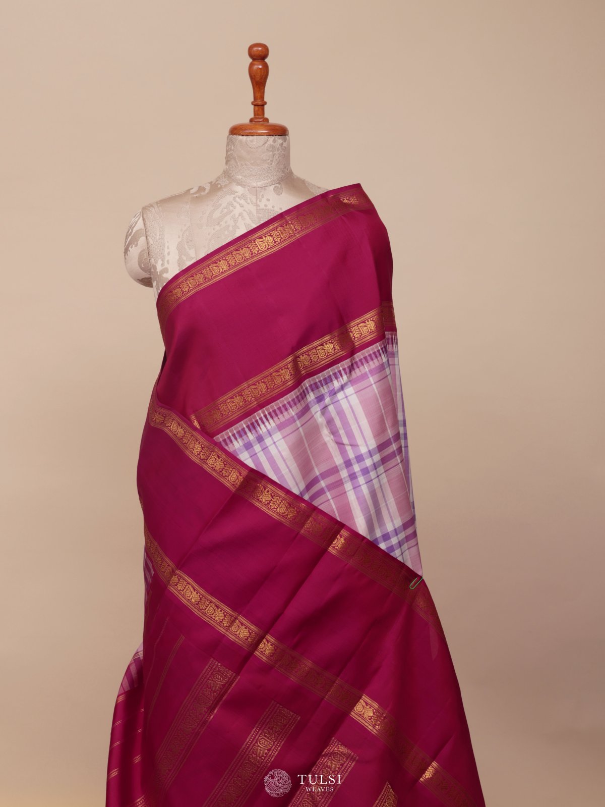 Multi Color Checked Kanjeevaram Silk Saree With Pink Border