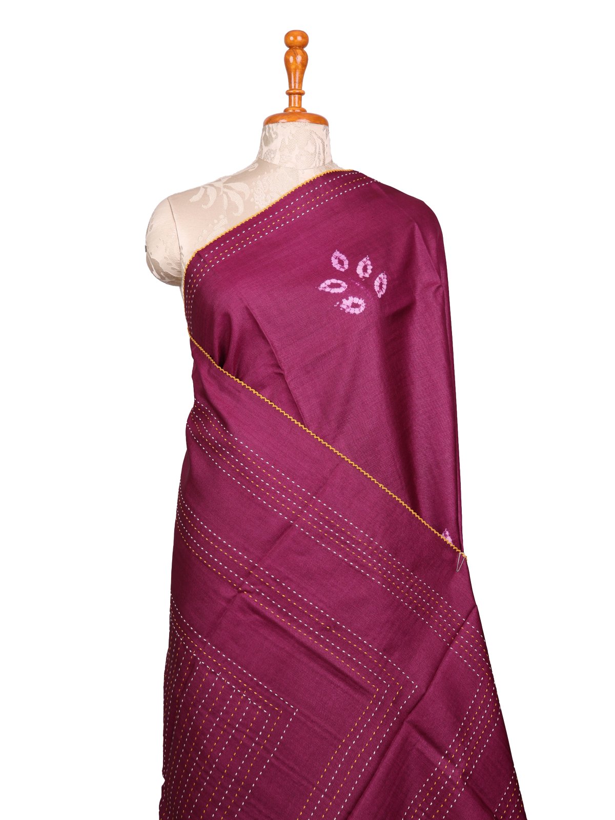 Magenta Shibori Tussar Silk Saree With Kantha Embroidery